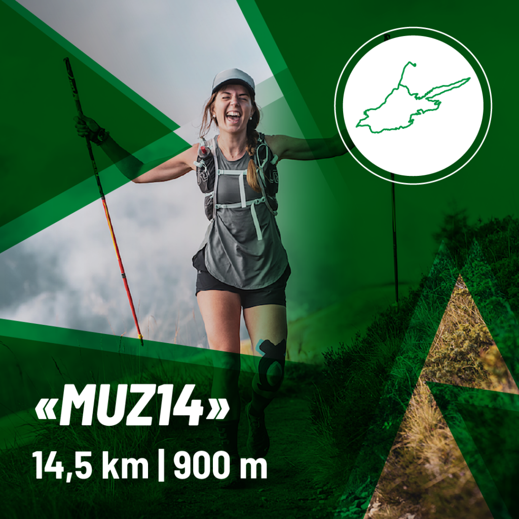 A smiling trail runner with poles is running on a mountain path on the MUZ14 route in Mayrhofen (14.5 km, 900 meters elevation gain). Surrounded by fog, meadows, and mountains. Top right shows a circular course logo with an elevation profile.