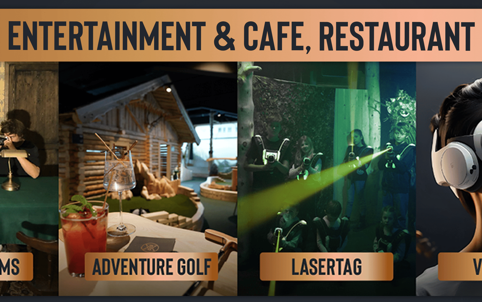 Bild mit vier Szenen aus dem „Visorium Mayrhofen“: Escape Room, stylische Unterkunft, grüner Indoor-Dschungel und moderner VR-Simulator. Oben mittig steht das Logo und der Schriftzug „VISORIUM – Reality Experience."