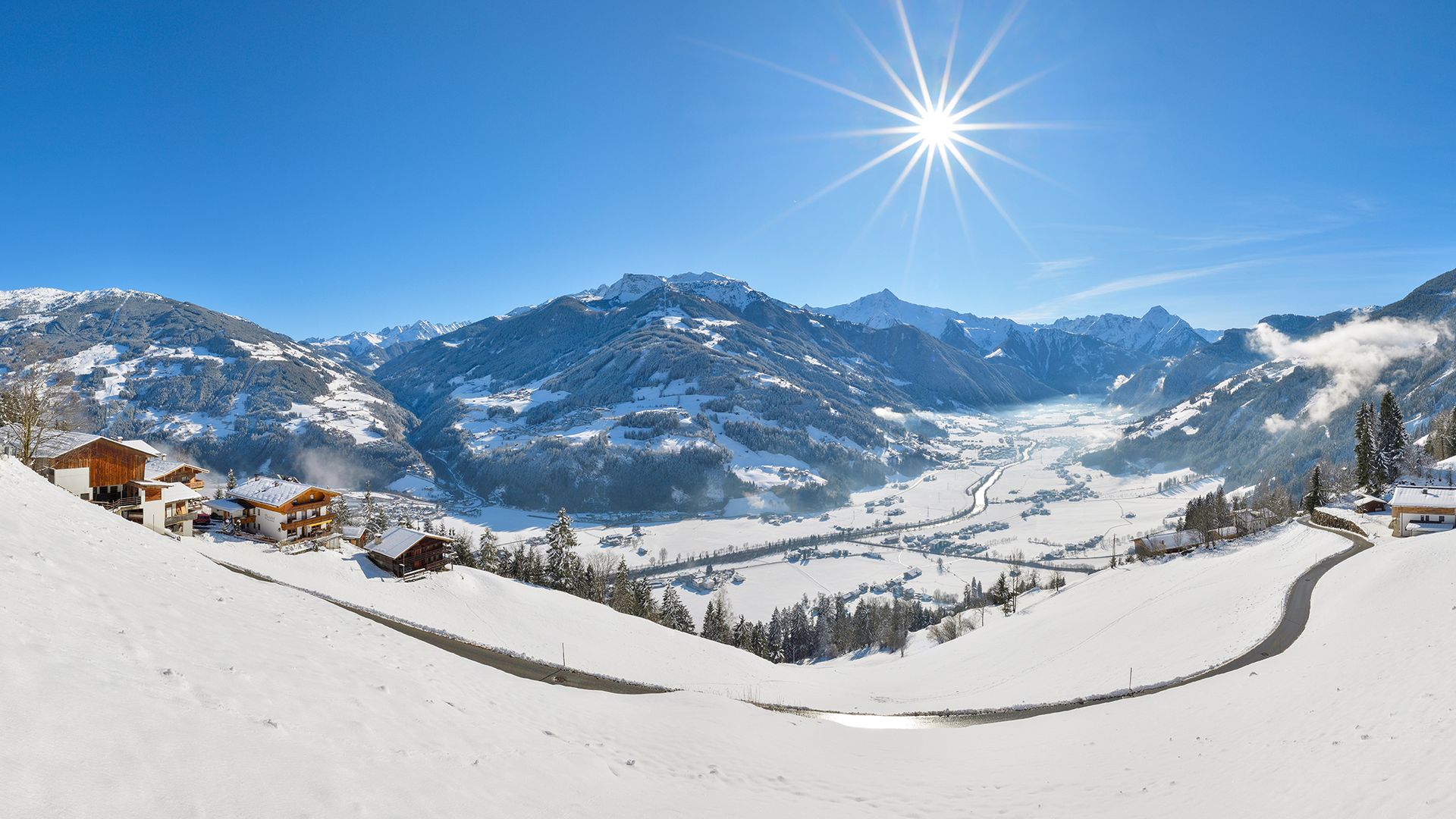 Winter in Holiday region Marhofen-Hippach Winter panorama of the Mayrhofen-Hippach holiday region in the Zillertal: sunny snow-covered mountains, winter hiking trails and atmospheric excursion spots.
