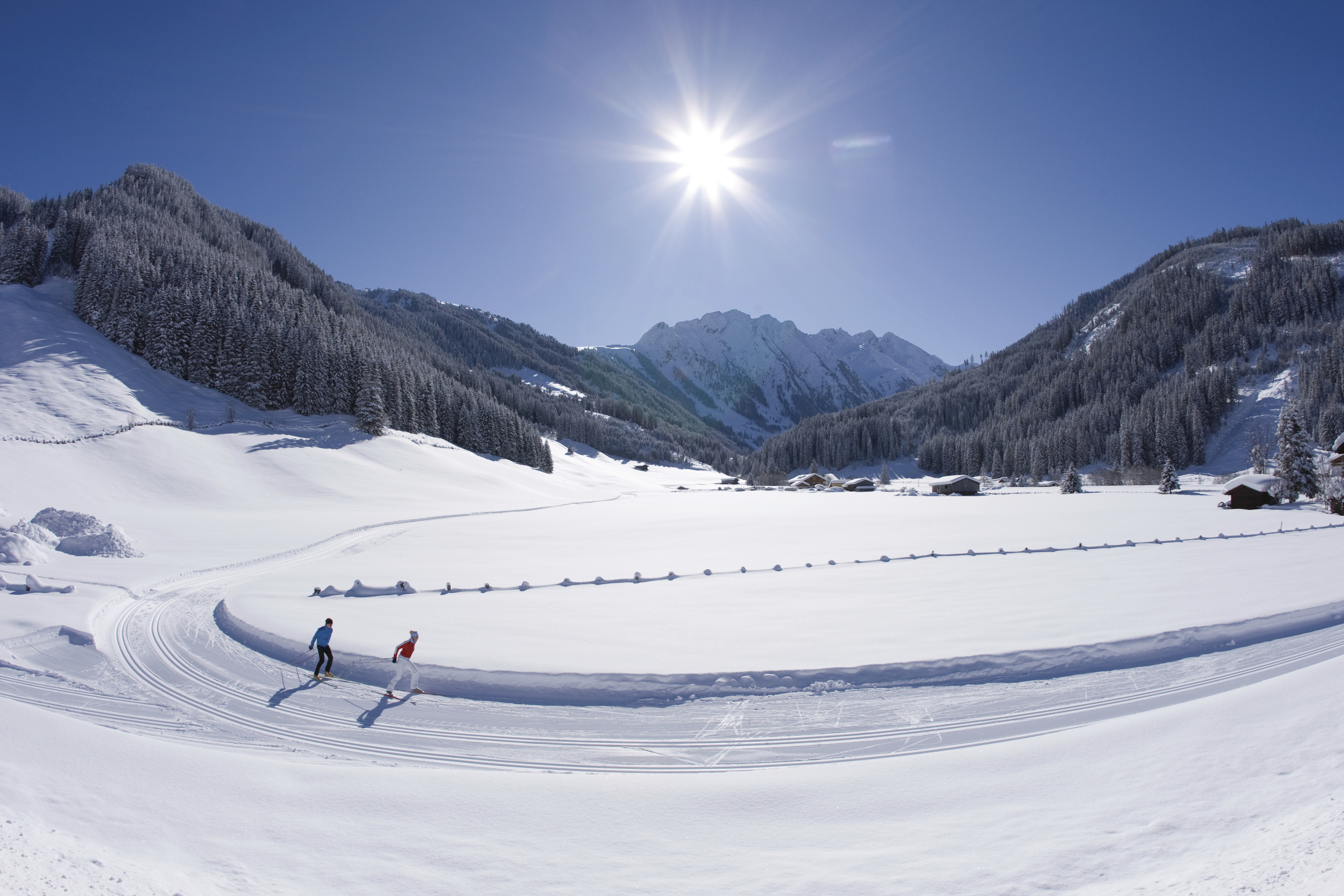 Cross-country skiing on the extensive trails in the Zillertal.