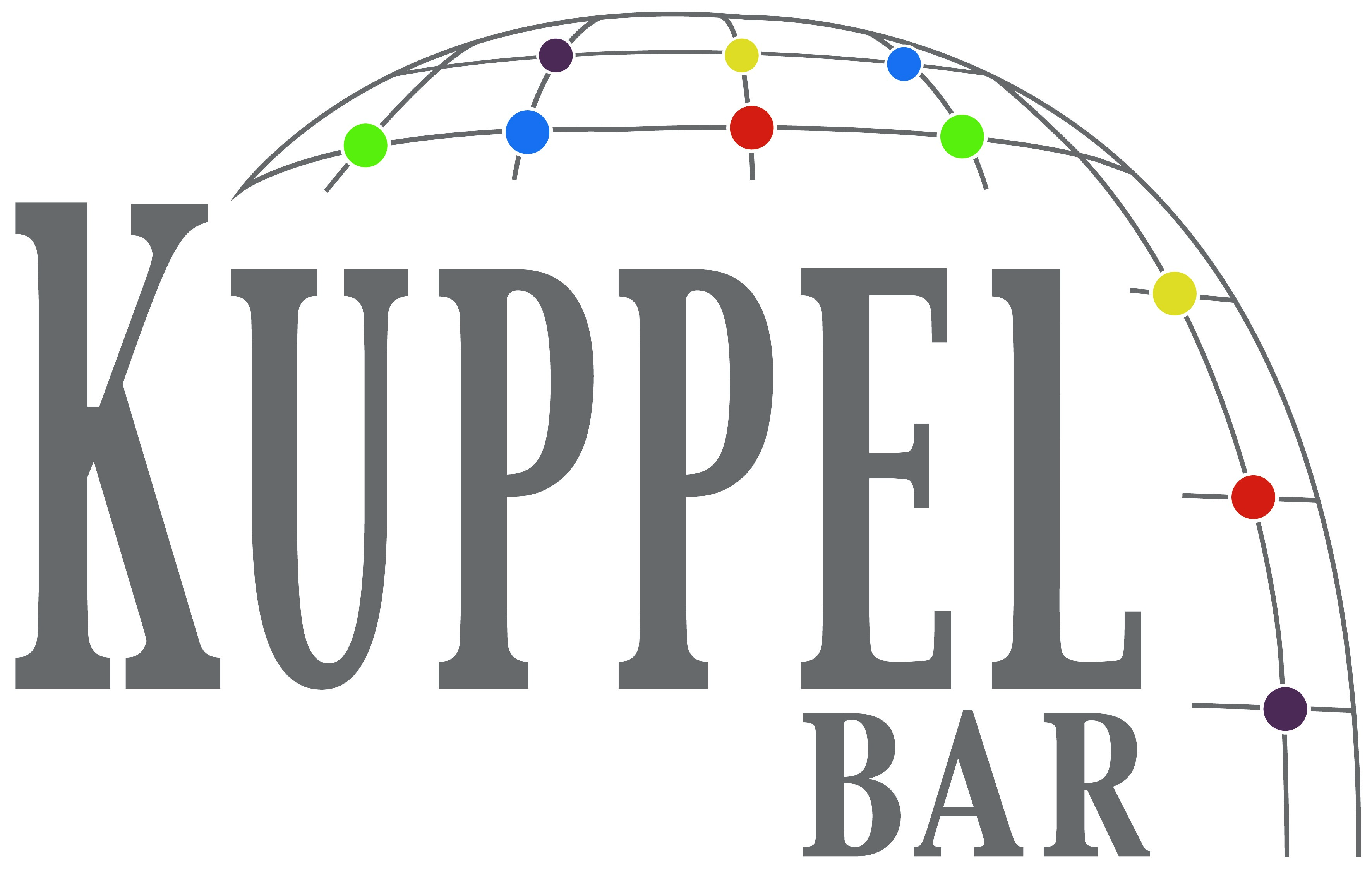 The picture shows the logo of the "Kuppel Bar" in gray letters with colorful dots in the logo.