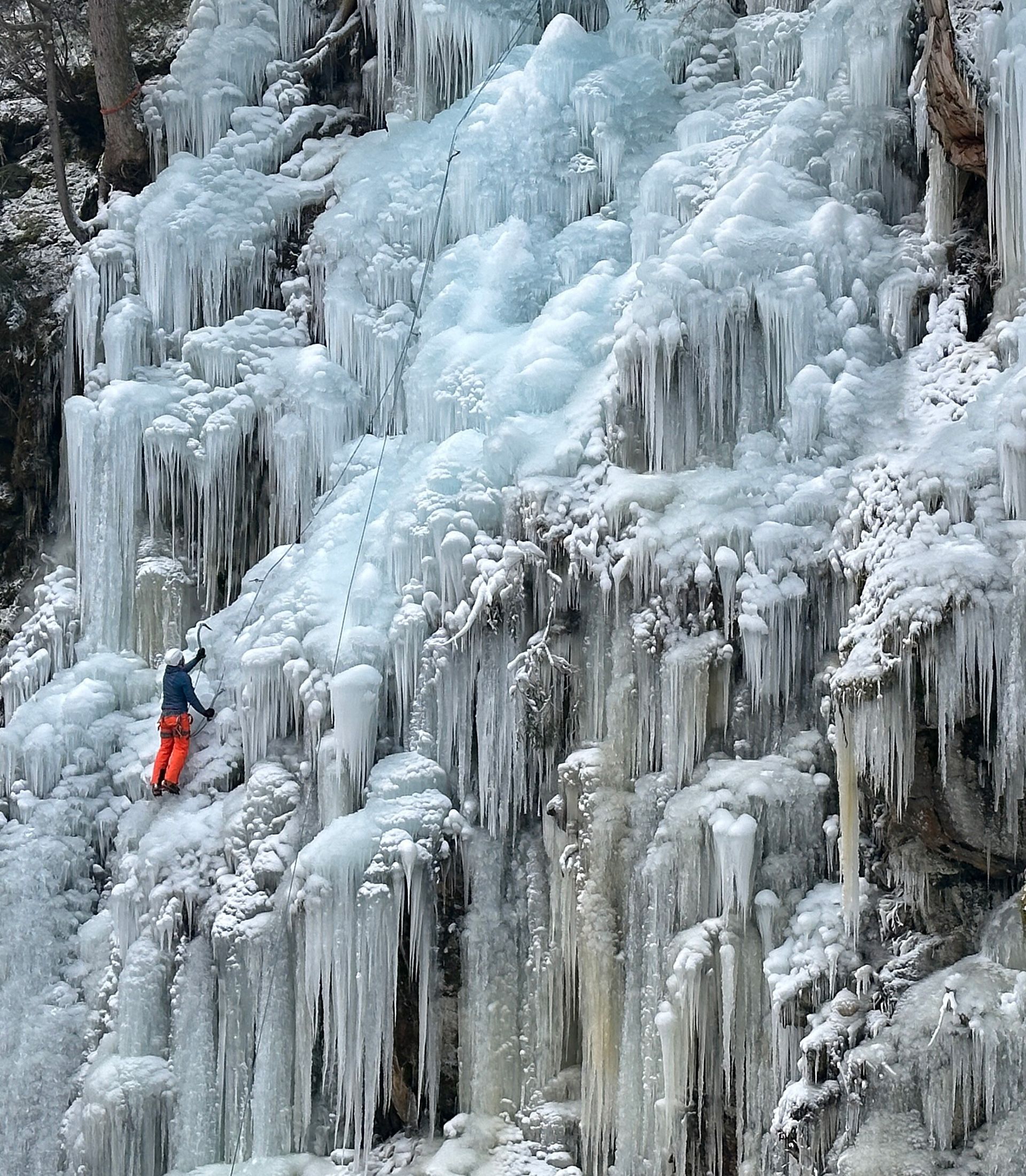 Eiskletterer im Eiskletterpark Zillertal bei Ginzling (Tirol) an steiler Eiswand mit dicken Eiszapfen, neben Fels und verschneiten Bäumen – Wintersport Eisklettern.