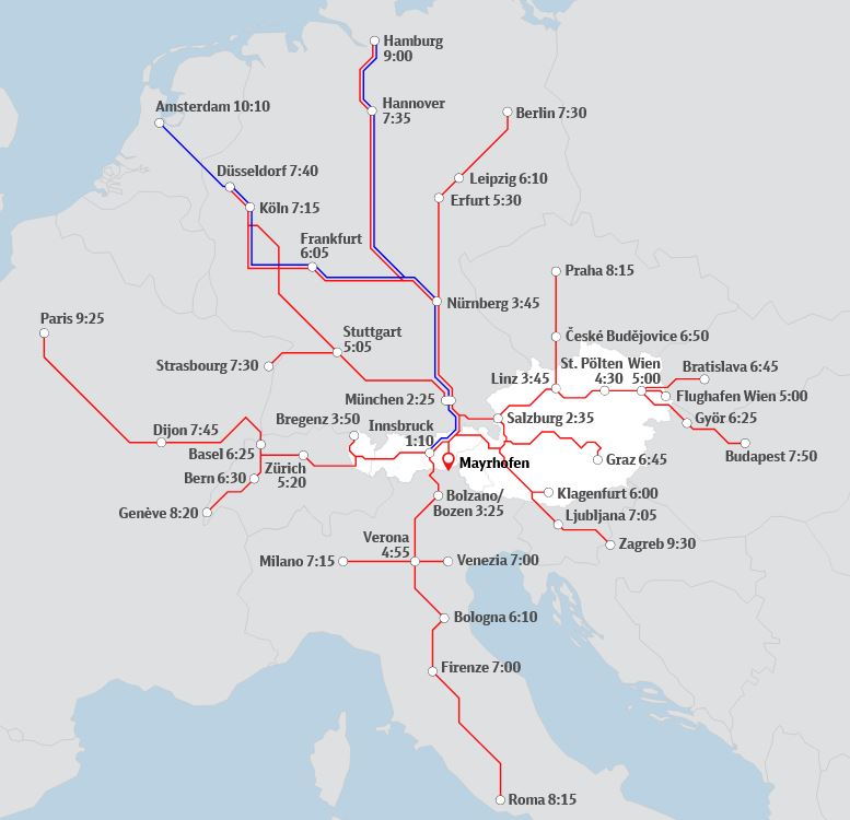 Map of Europe showing train connections to Mayrhofen with departure times. Red and blue lines connect cities such as Hamburg (9:00), Paris (9:25), and Berlin (7:30) with Mayrhofen as the destination via various routes.