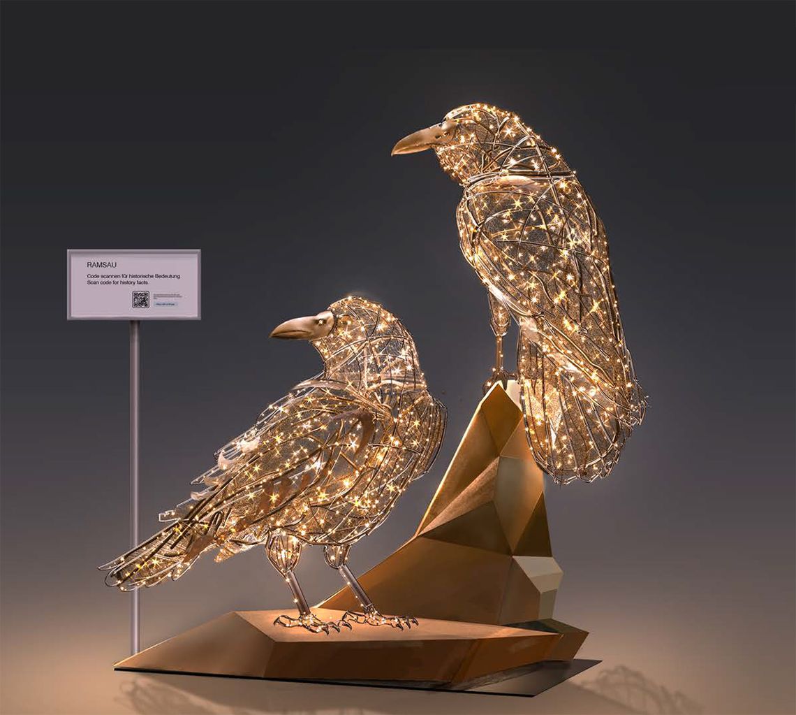 Leuchtende Raben Fotopoint in Ramsau Zwei leuchtende Raben aus Lichtkunst als Fotopoint der Kampagne „6 Orte, 6 Plätze“ in Ramsau in der Ferienregion Mayrhofen-Hippach.