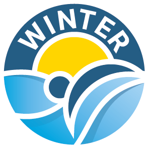 Swimming Pool Partner WINTER Blue-yellow icon with sun, water waves, and stylized swimmer. Represents the WINTER partner program: free indoor pool access and 50% off 3-hour sauna with guest card.