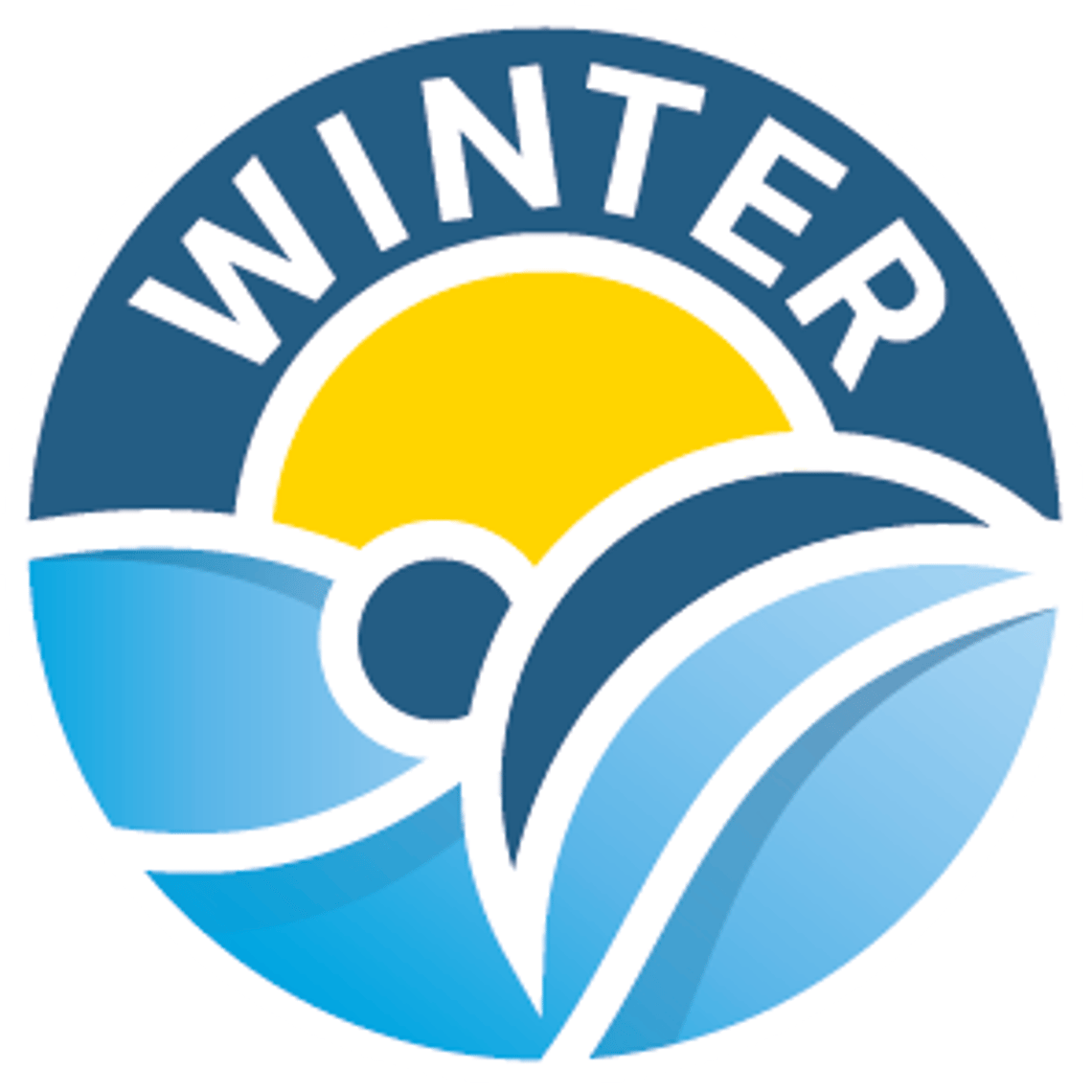Schwimmbad Partner WINTER Blau-gelbes Symbol mit Sonne, Wasserwellen und stilisierter Schwimmfigur. Steht für das WINTER-Partnerprogramm: freier Hallenbad-Eintritt und 50 % Rabatt auf 3-Stunden-Sauna mit Gästekarte.