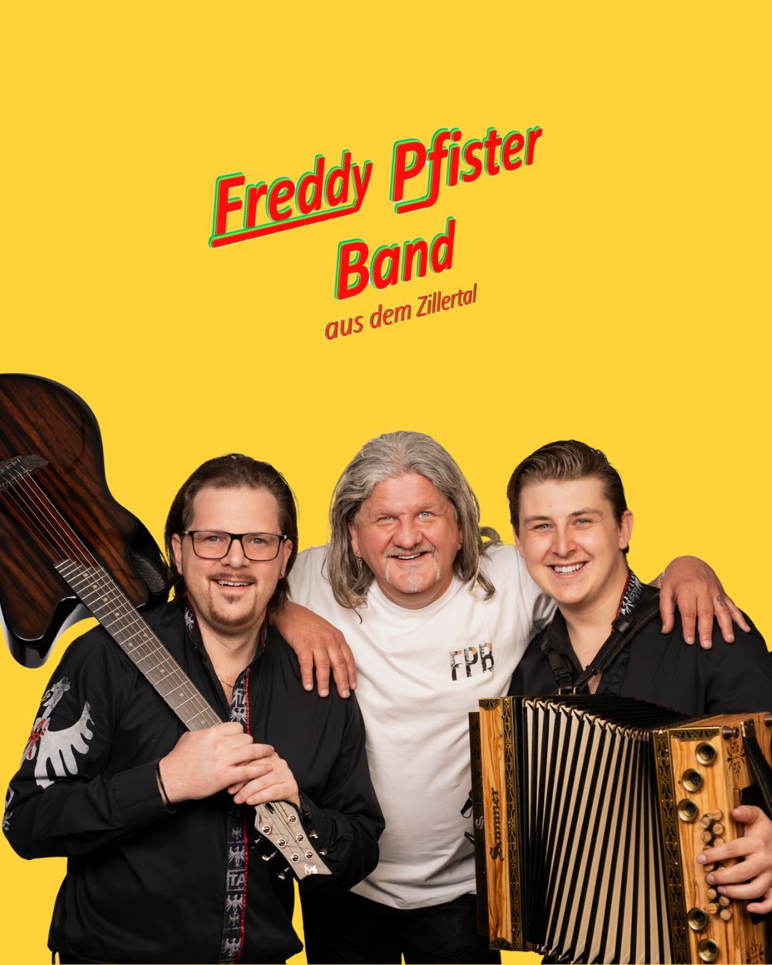 The image shows the ‘Freddy Pfister Band’ with their instruments against a yellow background, with red lettering above the group.
