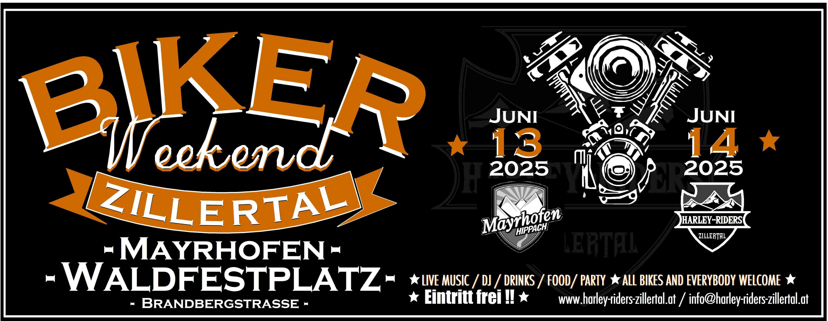 The image shows the logo for the Biker Weekend in orange lettering on an black background