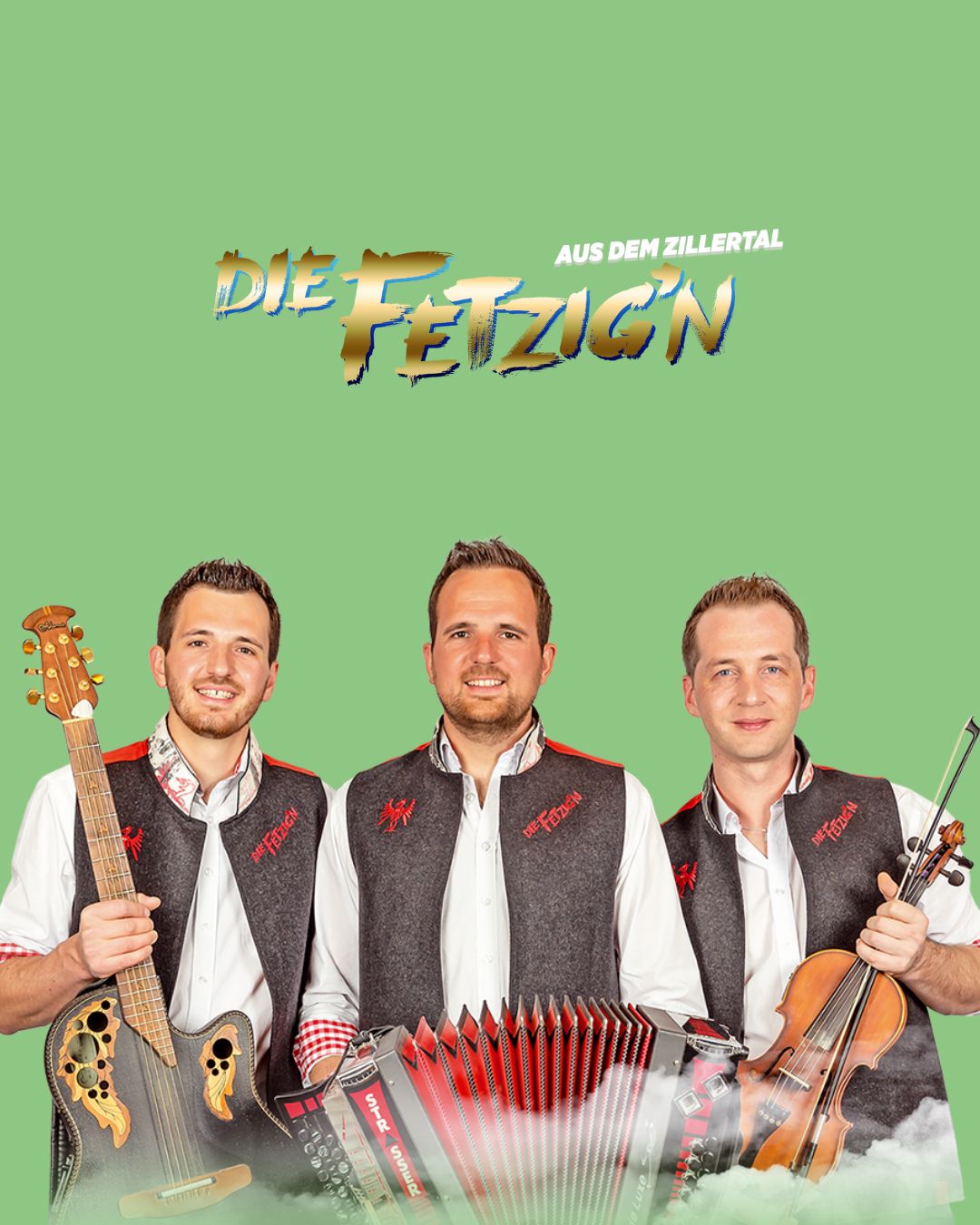 The image shows the musicians of the group ‘Die Fetzig’n’ with golden lettering and a green background.