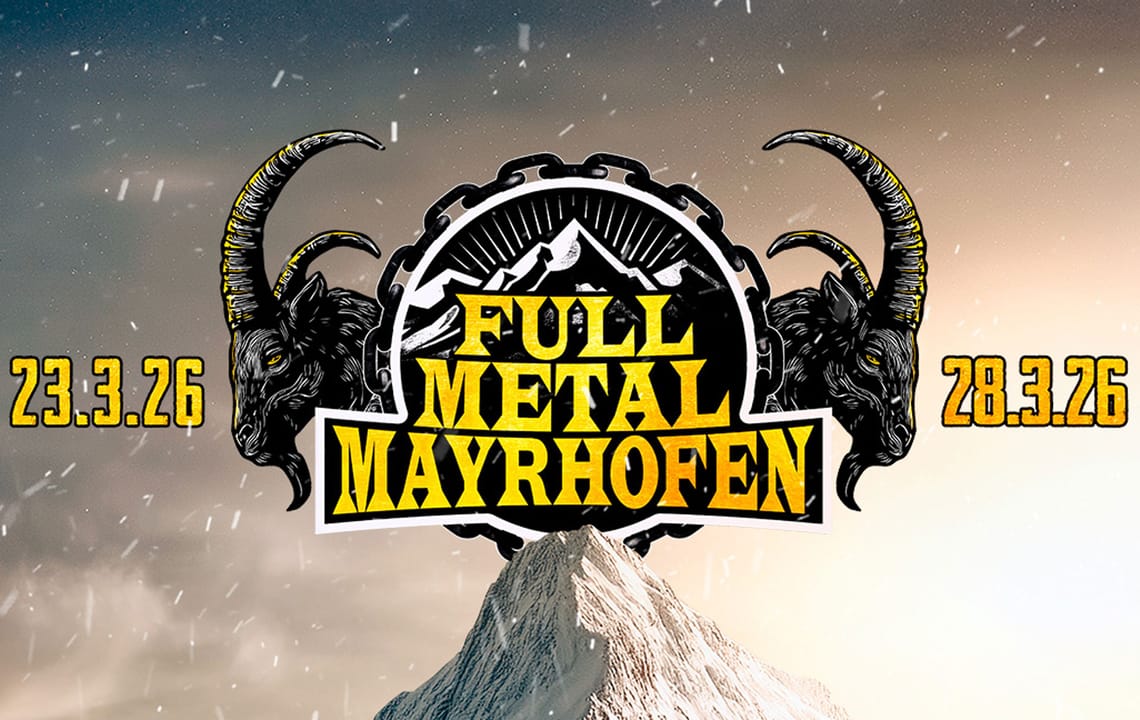 Logo Full Metal Mayrhofen Logo of “Full Metal Mayrhofen” with mountains, chains, ski poles, and date: 23.3.26 – 28.3.26, in yellow-black metallic design.