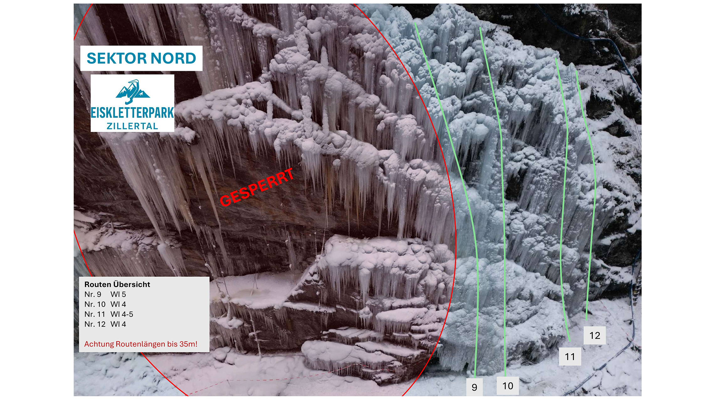 Eiskletterpark Zillertal – Sektor Nord: beschriftetes Foto einer großen Eiswand; Bereich rot umkreist und mit „Gesperrt“ markiert, oben rechts Routentabelle zur Orientierung.