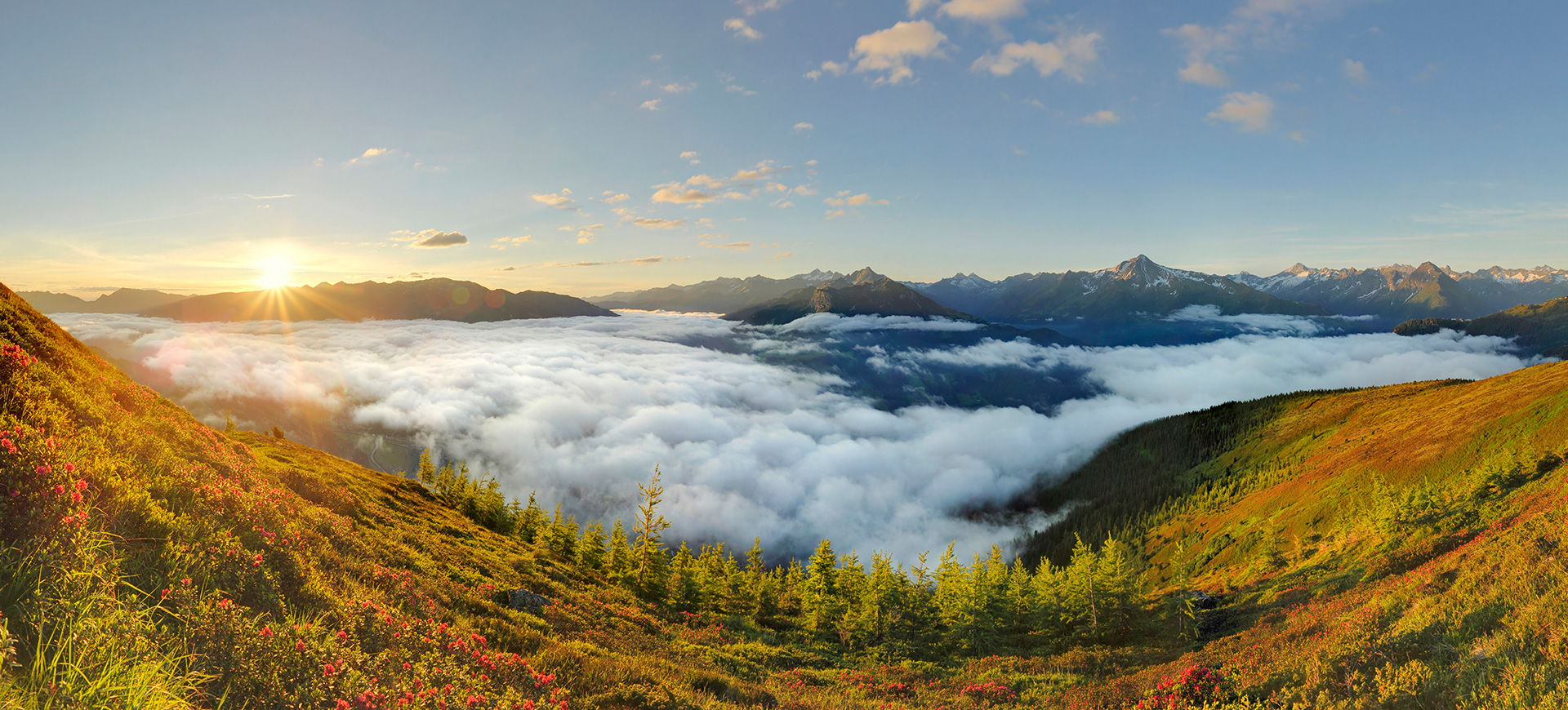 Sonnenaufgang über einer weiten Berglandschaft im Zillertal bei Mayrhofen-Hippach mit Blick auf grüne Almwiesen und die Zillertaler Alpen – ideale Region für Hüttenwanderungen und den Wanderpass Zillertal.