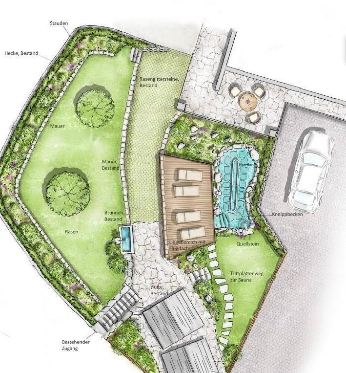 Garden plan with lawns, water feature, sauna, pathways, seating areas, parking, and entrance.