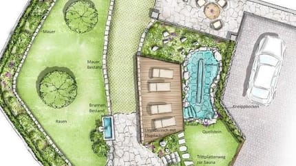 Garden plan with lawns, water feature, sauna, pathways, seating areas, parking, and entrance.