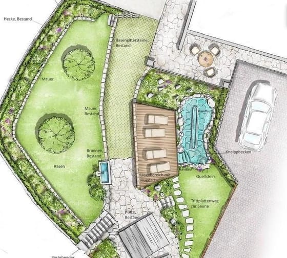 Garden plan with lawns, water feature, sauna, pathways, seating areas, parking, and entrance.