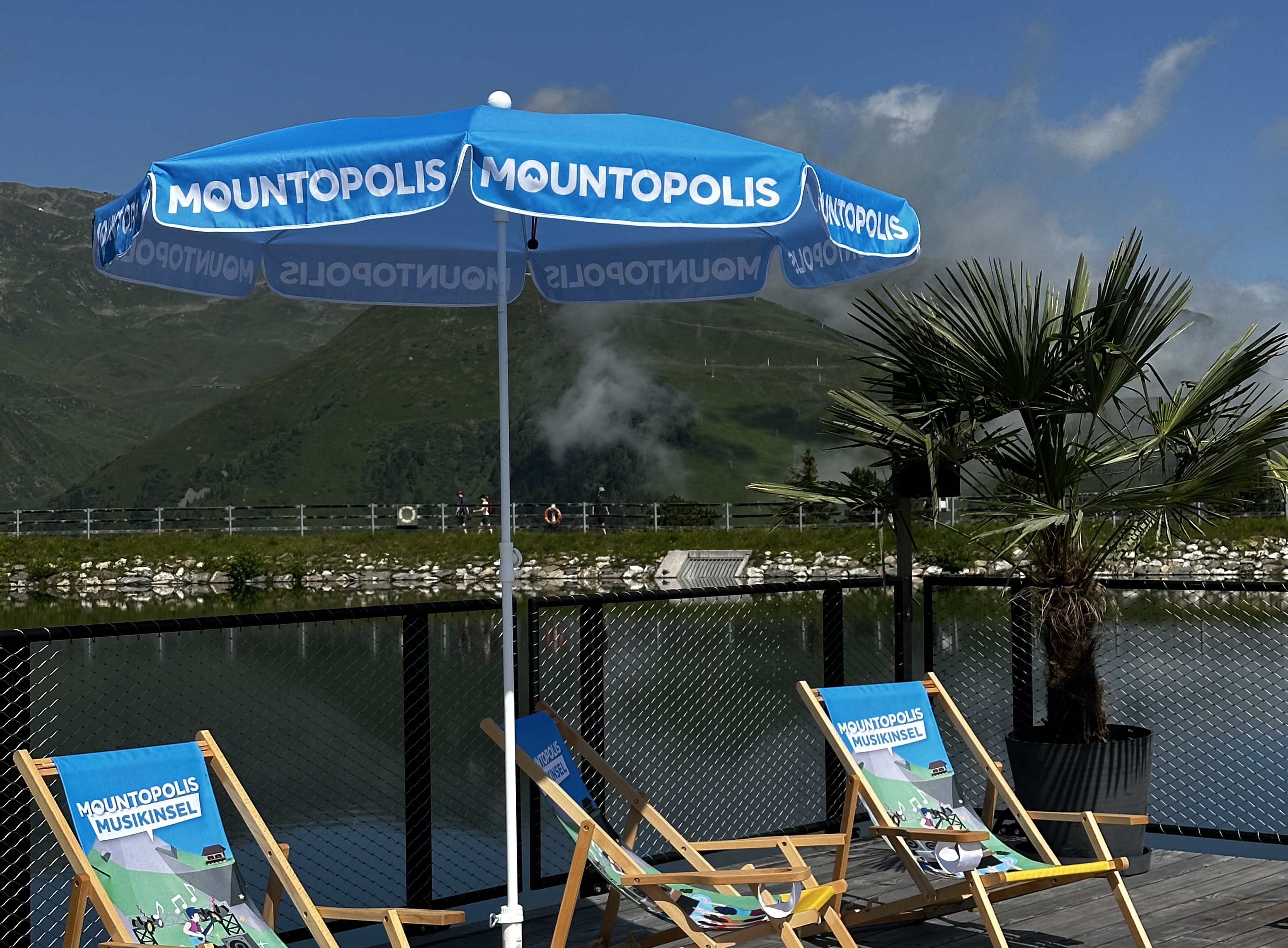 View of Mountopolis Music Island in the reservoir at Penken in Mayrhofen
