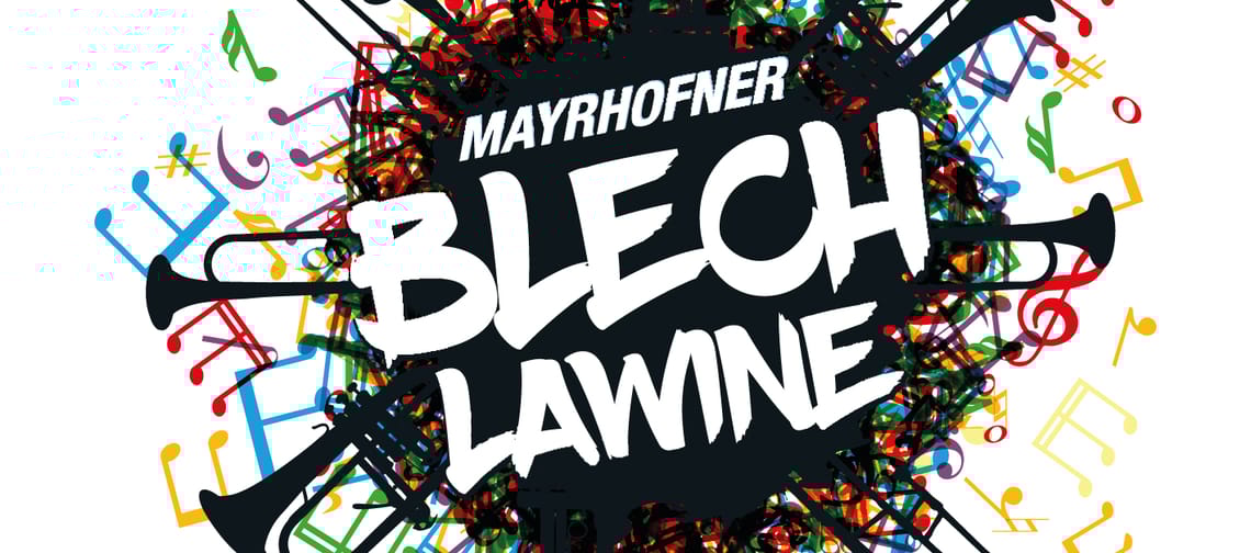 Logo der Mayrhofner Blechlawine, eine Kugel in der Mitte steht der Name und rundherum sind bunte Musiknoten und schwarze Blasinstrumente
