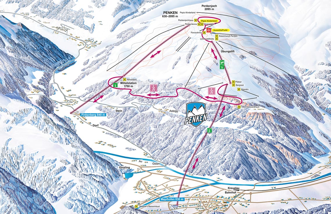 Panorama map of the BergWaldWeg in the hiking area of the Mayrhofner Bergbahnen