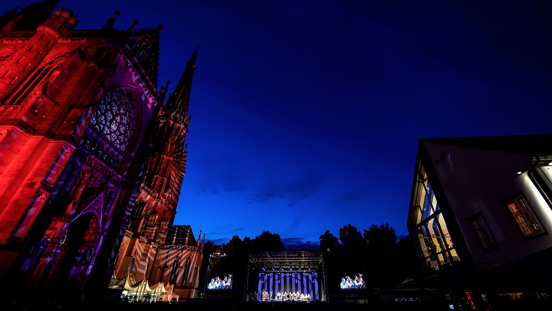 Illuminated cathedral at night