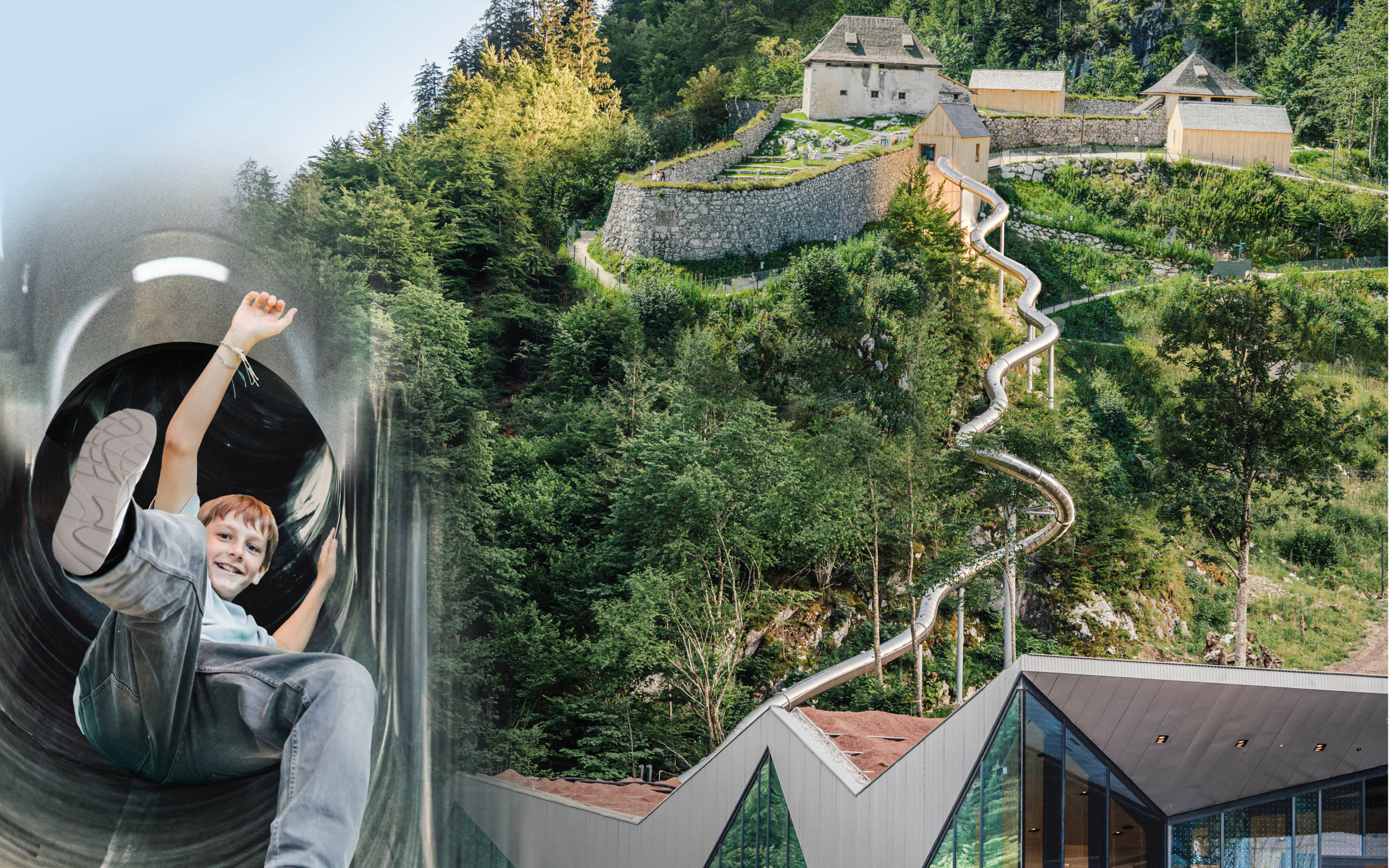 Keyvisual Fort Kniepass mit Rutsche und Ausblick auf die Burg