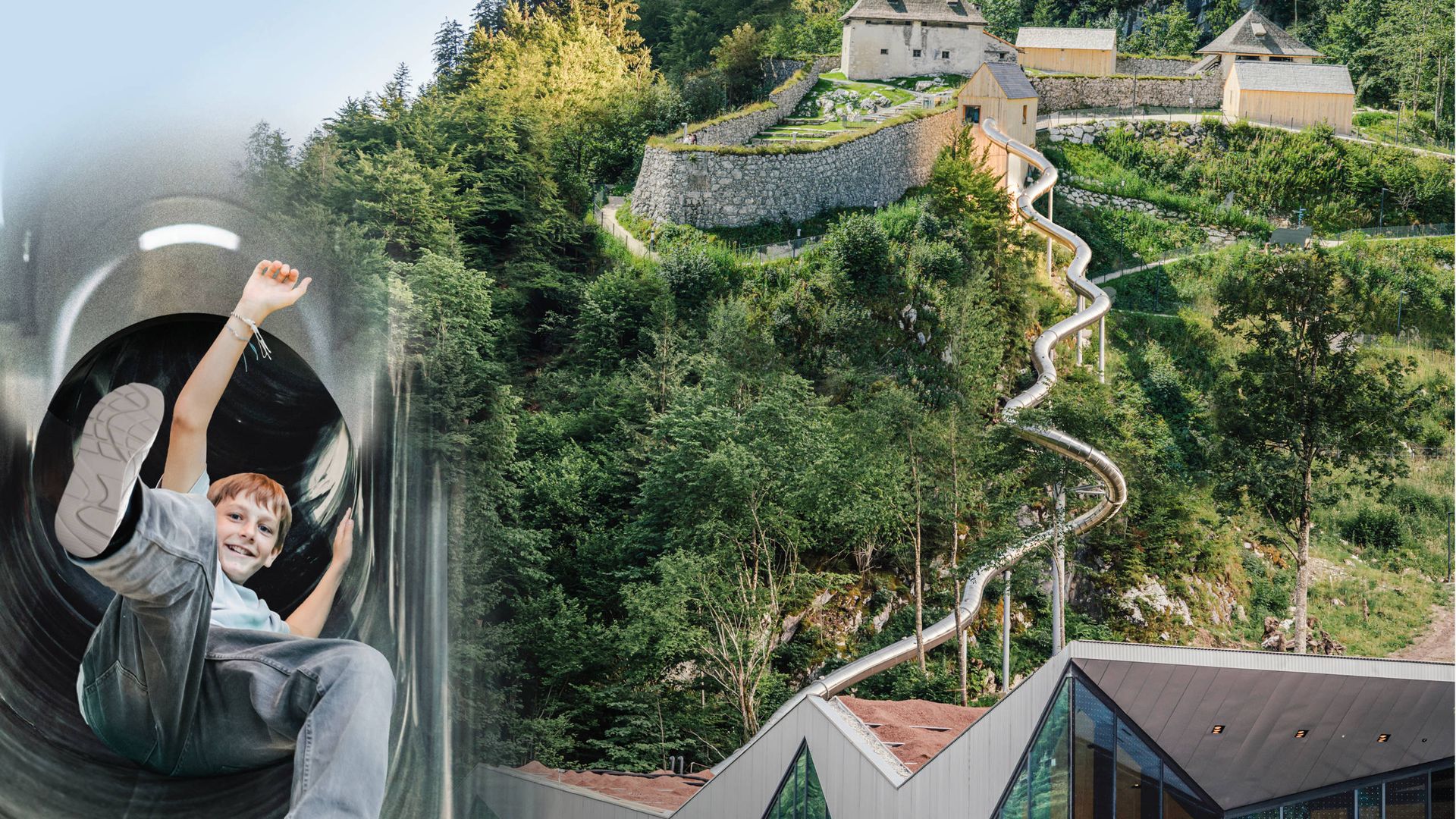 Keyvisual Fort Kniepass mit Rutsche und Ausblick auf die Burg