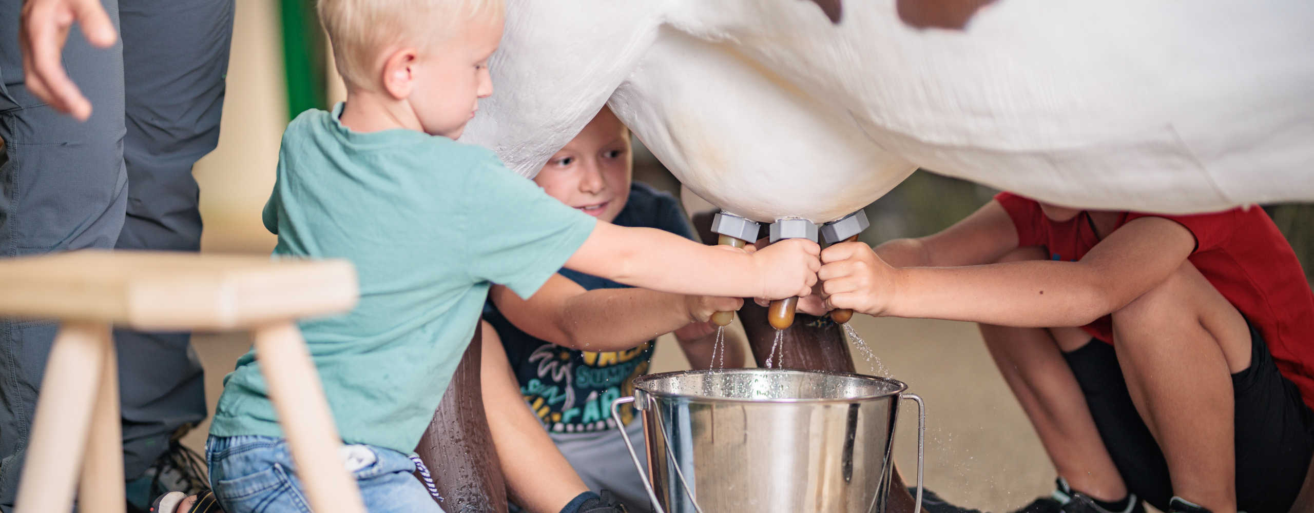 Kinder probieren im BIOS Nationalparkzentrum Mallnitz eine interaktive Melkstation aus und lernen spielerisch die Landwirtschaft kennen.