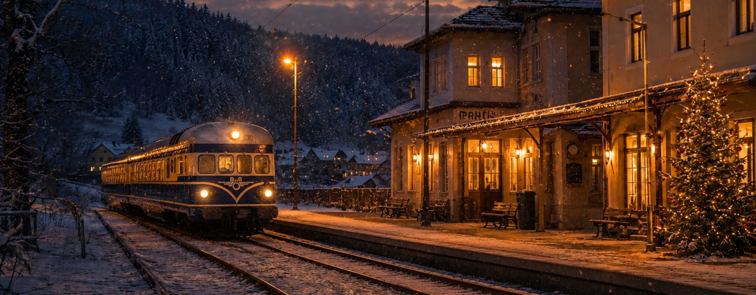 A blue flash at a snow-covered train station in Austria during winter, festively lit amid falling snow and the atmospheric twilight.