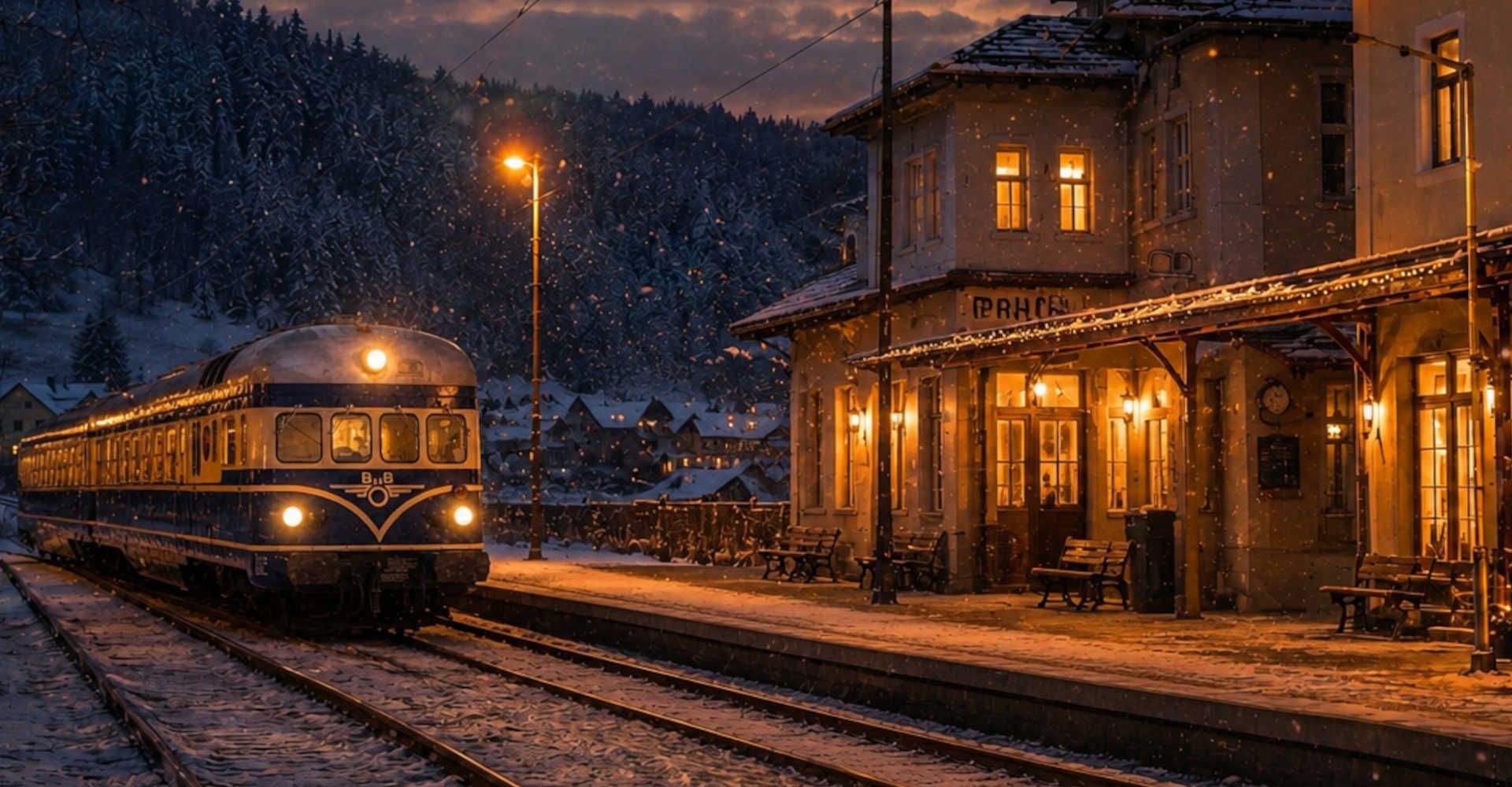 A blue flash at a snow-covered train station in Austria during winter, festively lit amid falling snow and the atmospheric twilight.