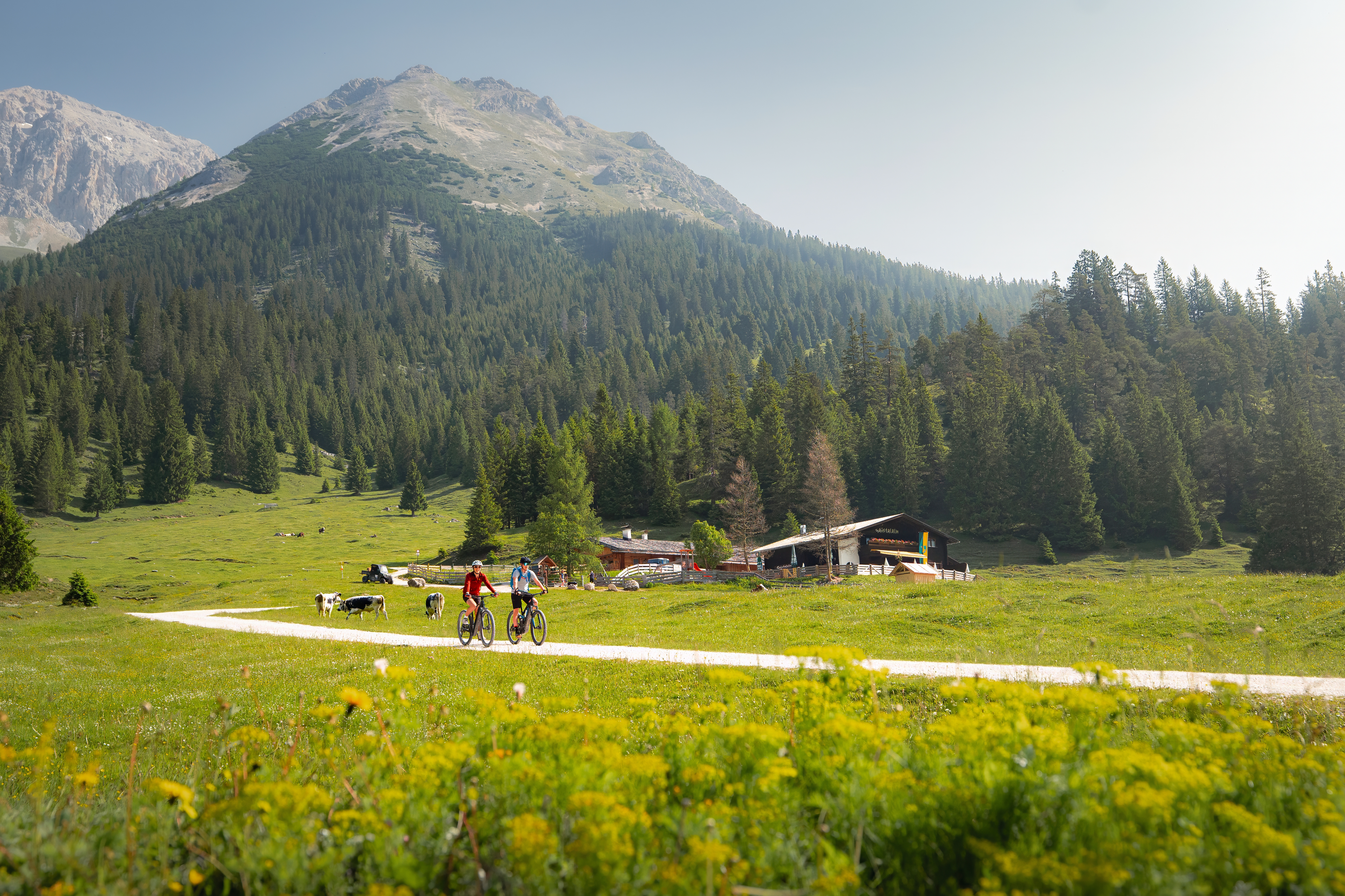 E-biking in the Gaistal in summer two bikers ride in front of the Gaistalalm