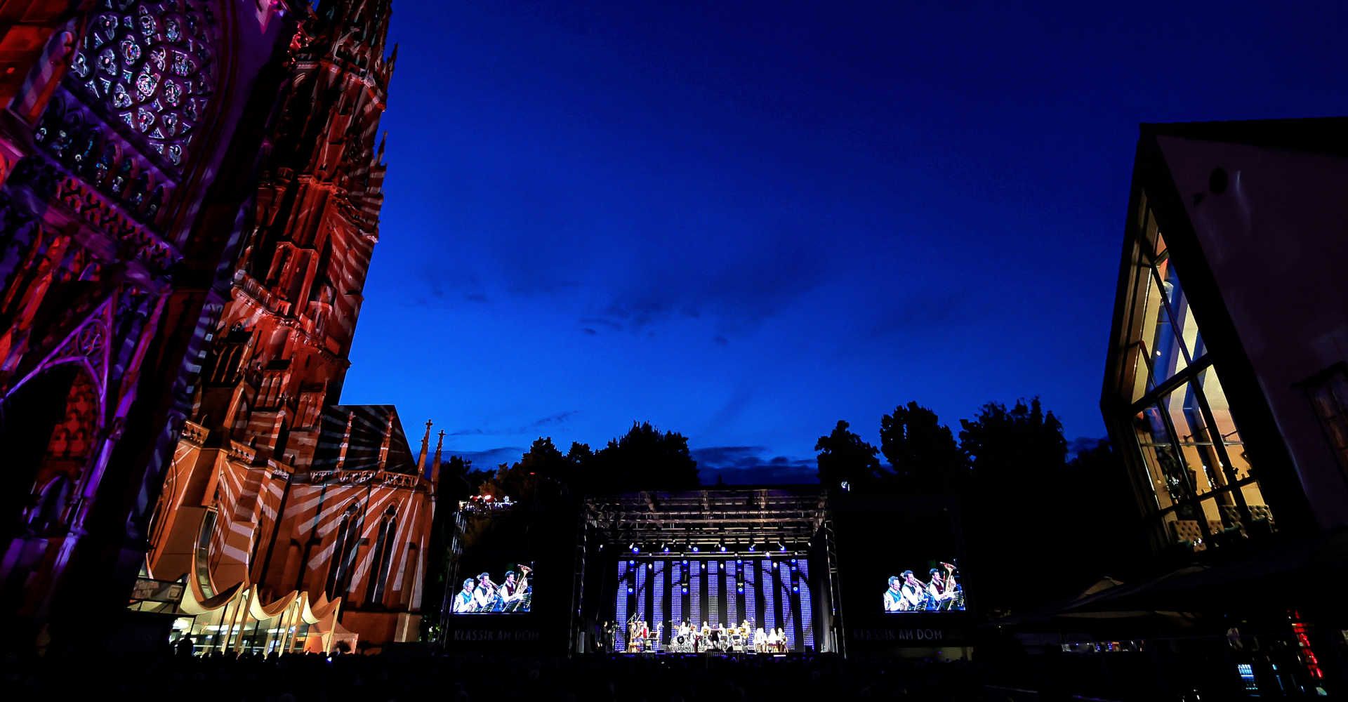 Illuminated cathedral at night