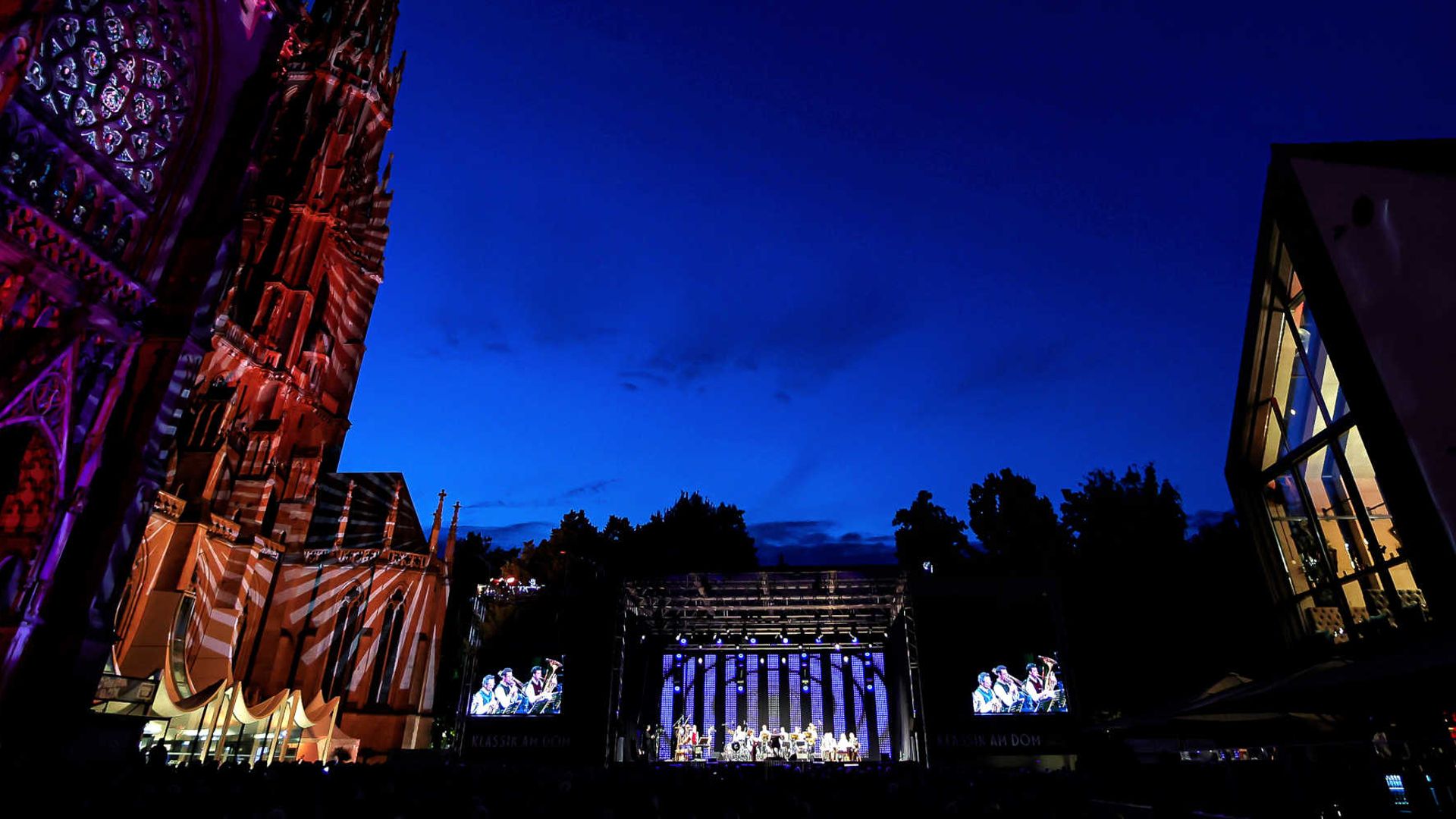 Illuminated cathedral at night
