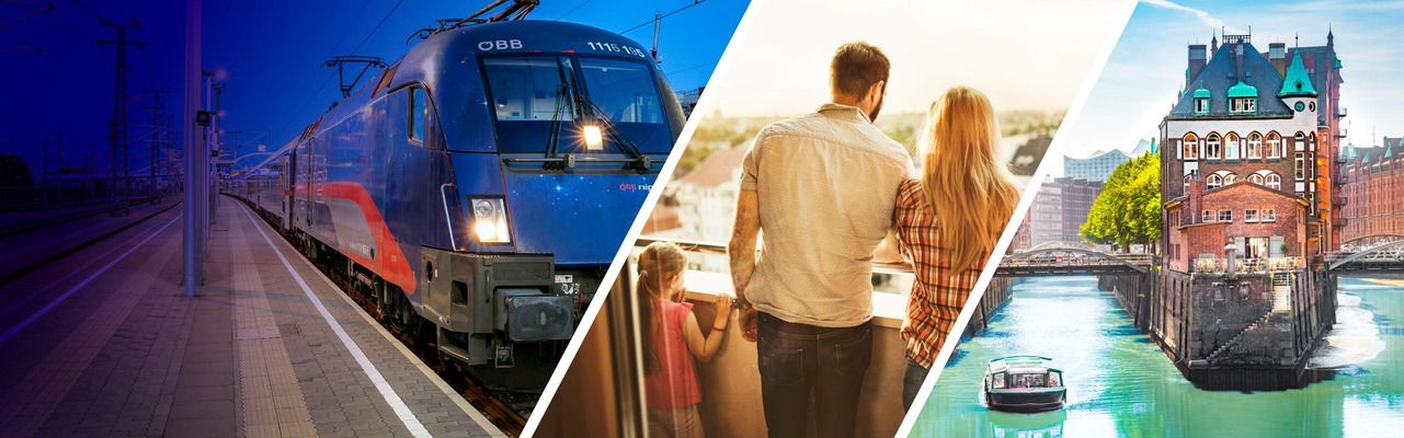 Eine dreigeteilte Collage mit einem Zug der Österreichischen Bundesbahnen auf einem Bahnsteig bei Dämmerung, einer Familie auf einem Balkon mit Blick in die Ferne und einem historischen Gebäude in der Speicherstadt Hamburg mit einem Boot auf dem Kanal.