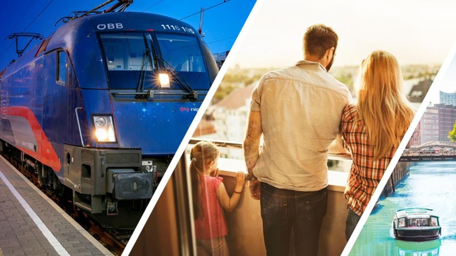 Eine dreigeteilte Collage mit einem Zug der Österreichischen Bundesbahnen auf einem Bahnsteig bei Dämmerung, einer Familie auf einem Balkon mit Blick in die Ferne und einem historischen Gebäude in der Speicherstadt Hamburg mit einem Boot auf dem Kanal.
