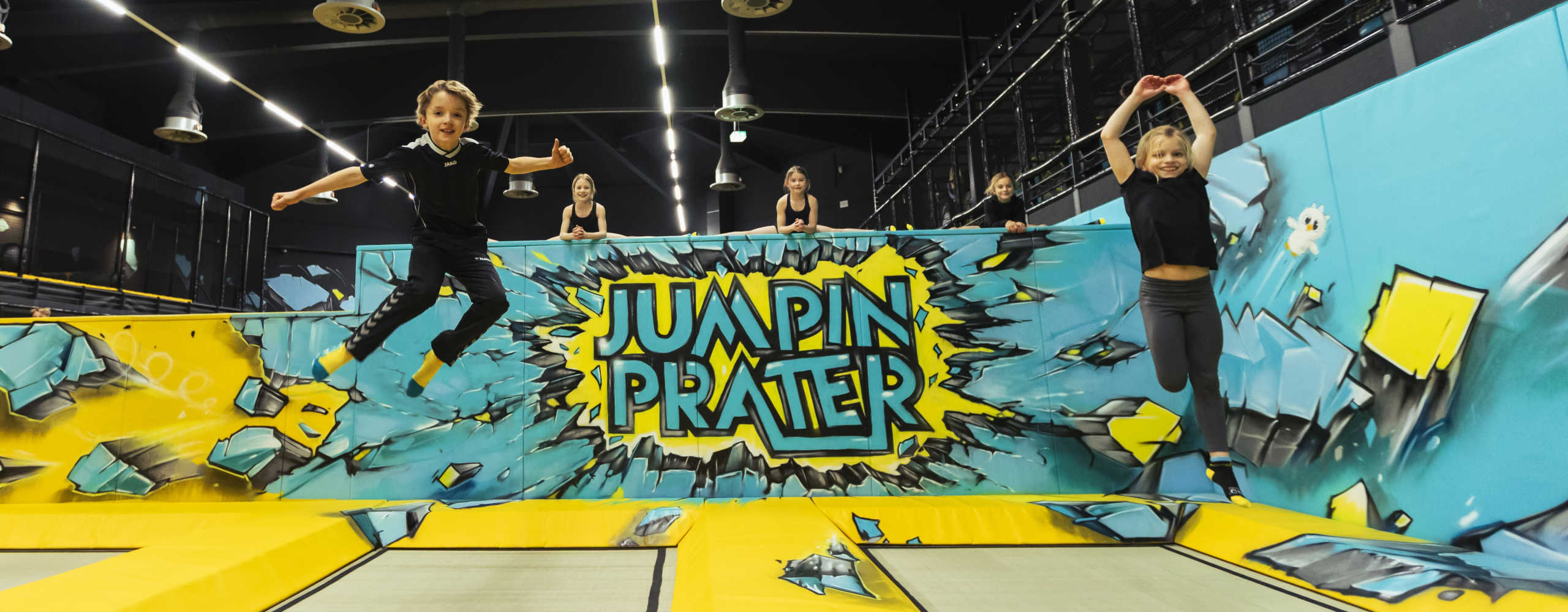 Kinder hüpfen am Trampolin 