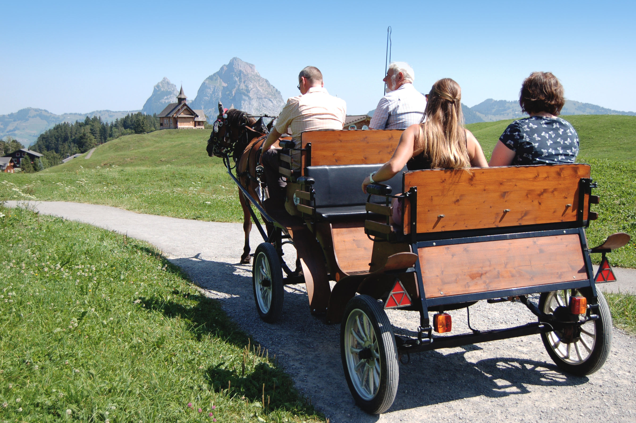 Group riding in a horse-drawn carriage along a mountain path through an alpine landscape.