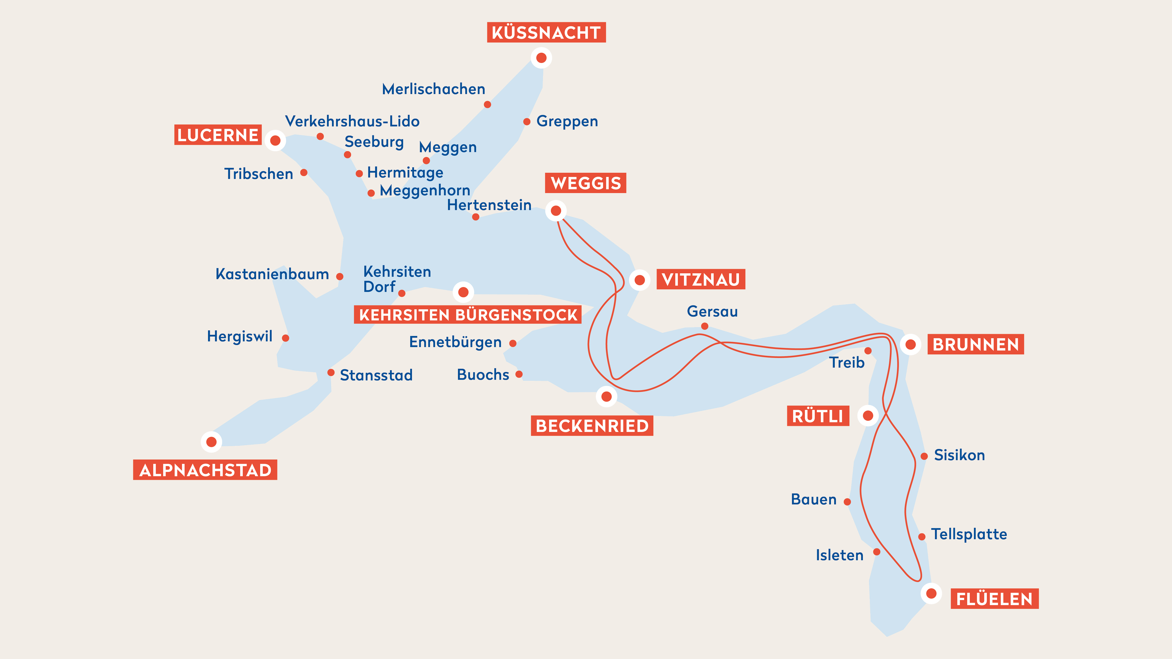 Une esquisse de l'itinéraire du grand tour du lac au départ de Weggis