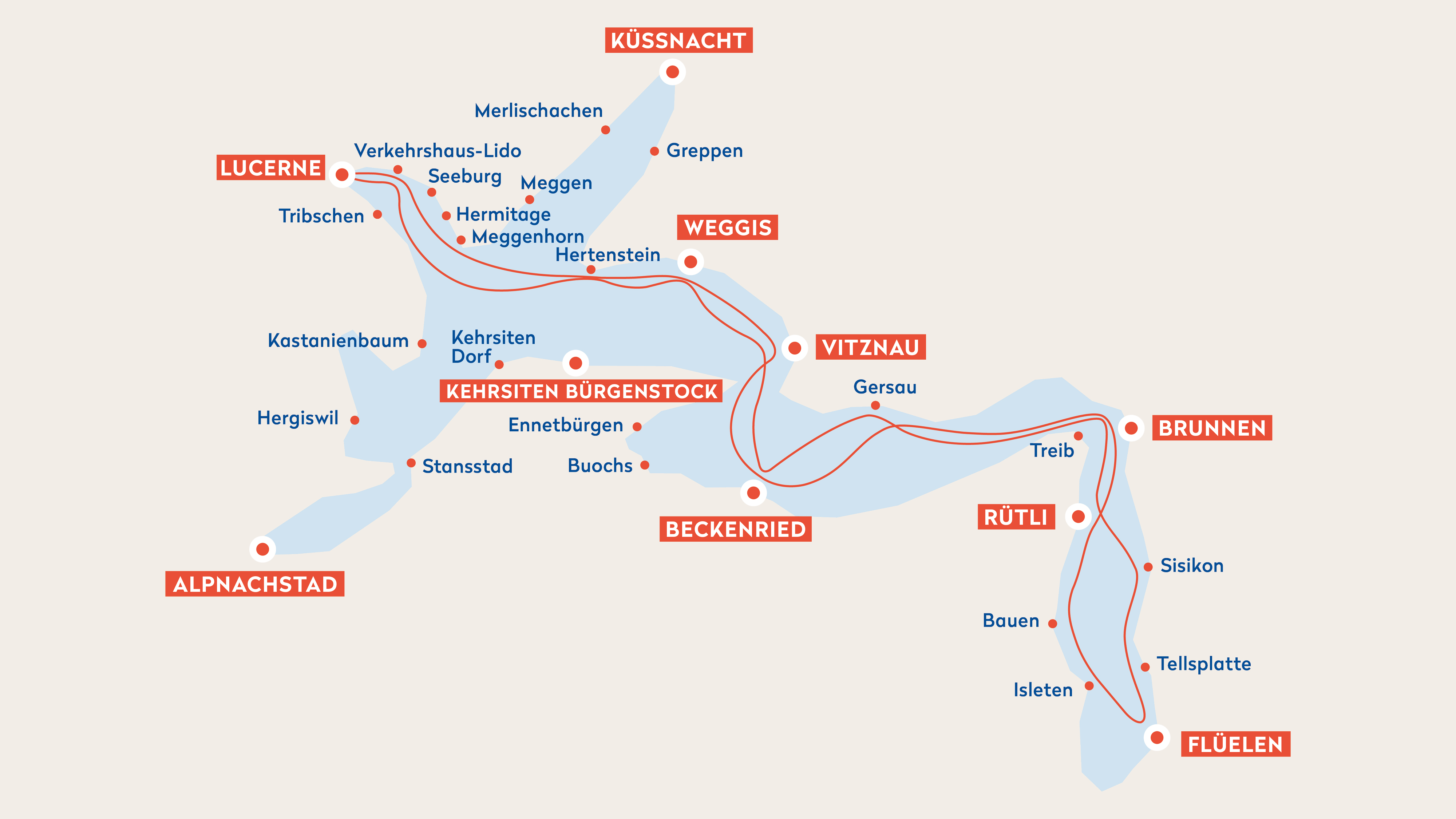 Une esquisse de l'itinéraire de la grande croisière sur le lac au départ de Lucerne.