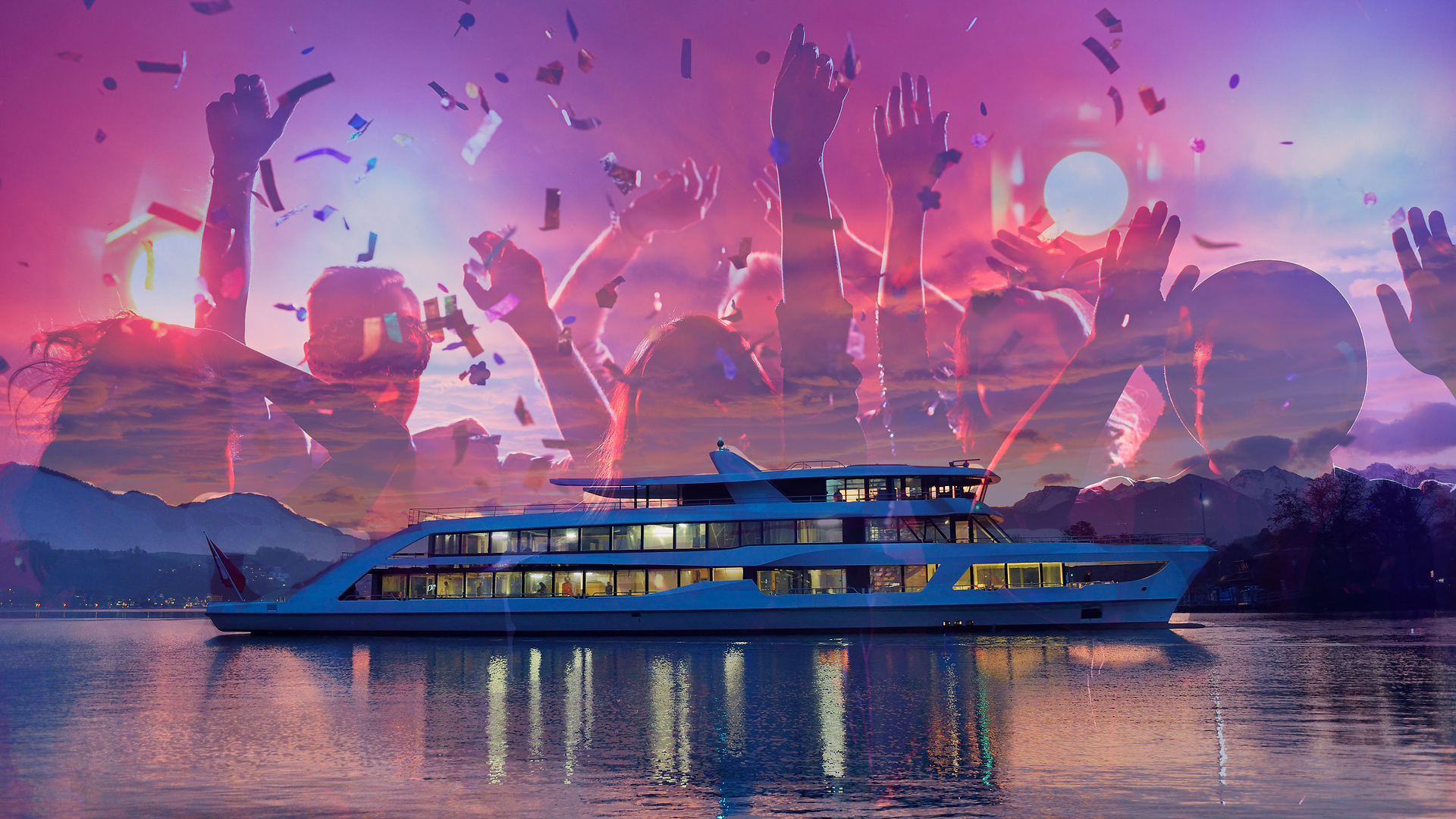 Motor vessel on Lake Lucerne at night with party atmosphere and DJ lights.