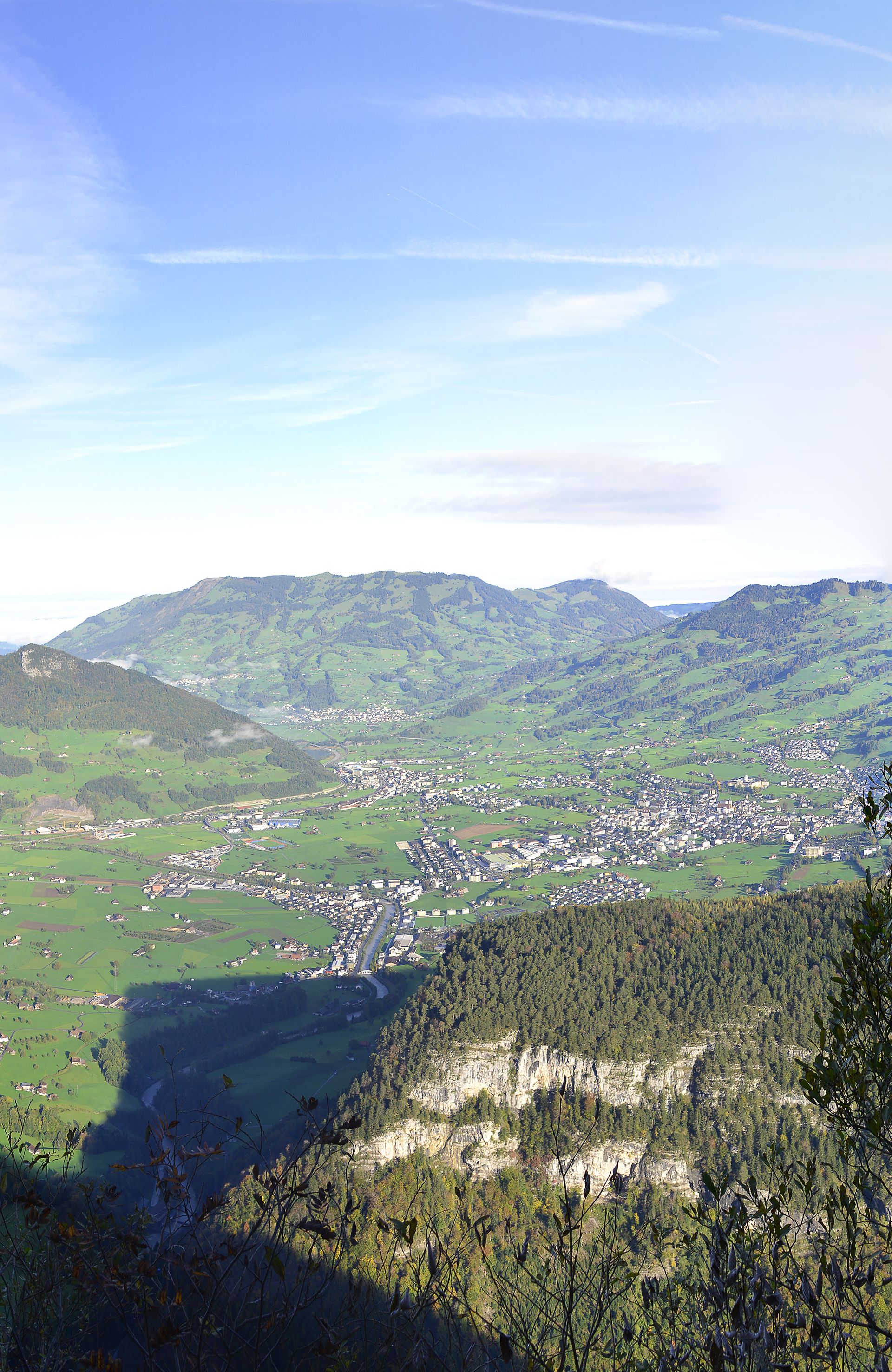 Blick durch Bäume auf eine weite Berglandschaft mit grünen Tälern und markanten Gipfeln.