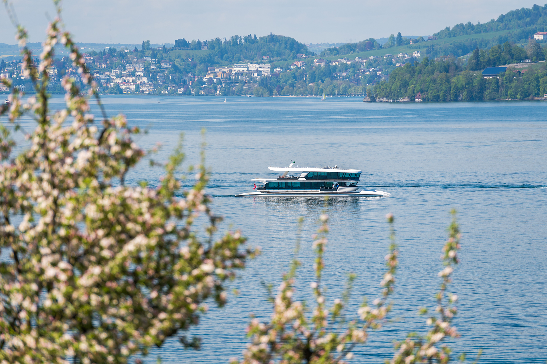 Motorschiff auf dem Vierwaldstättersee mit Blick auf die Uferlandschaft und die Zentralschweizer Bergwelt