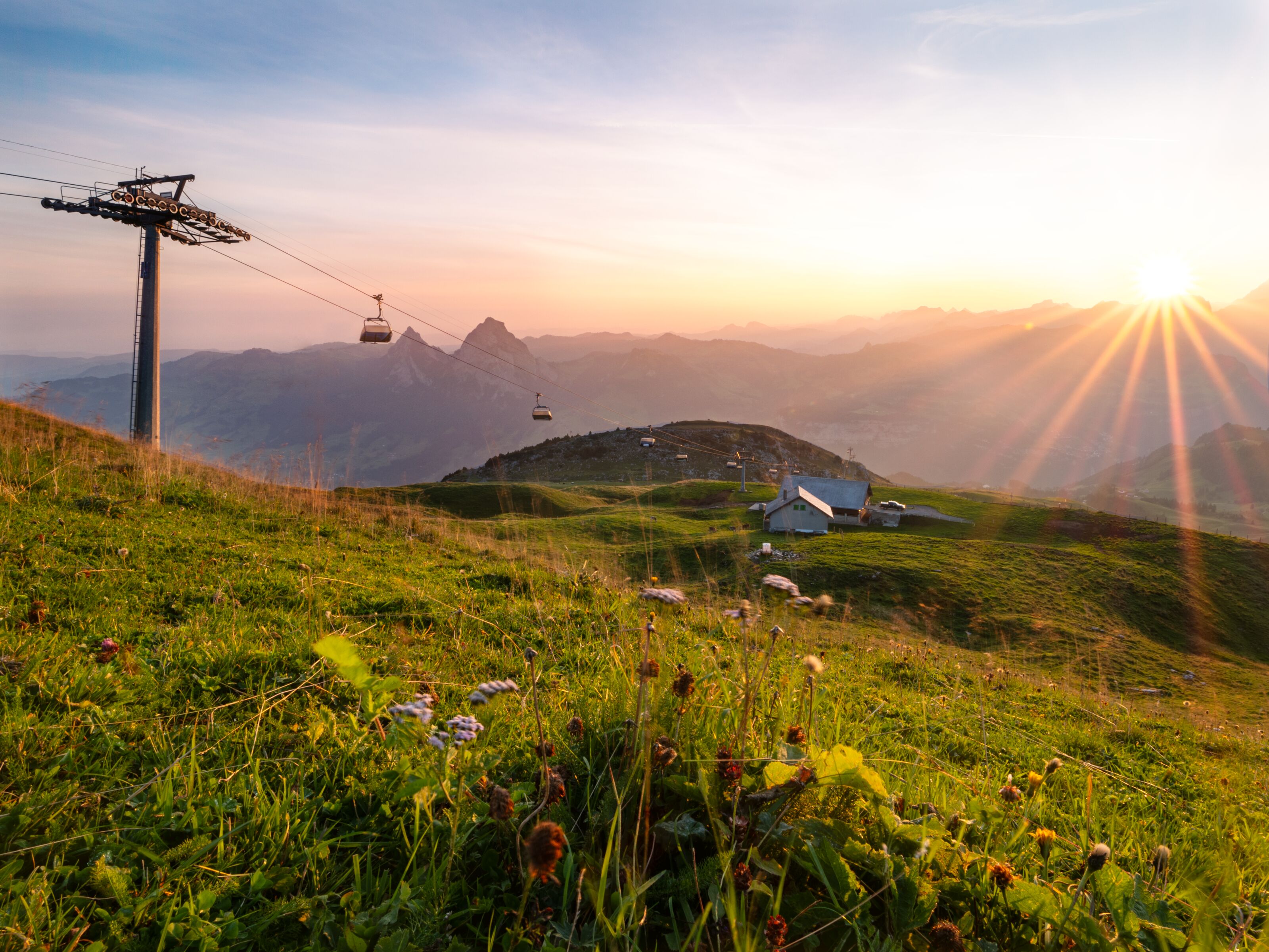 Sunrise over an alpine mountain landscape with golden meadows and views of the surrounding peaks.
