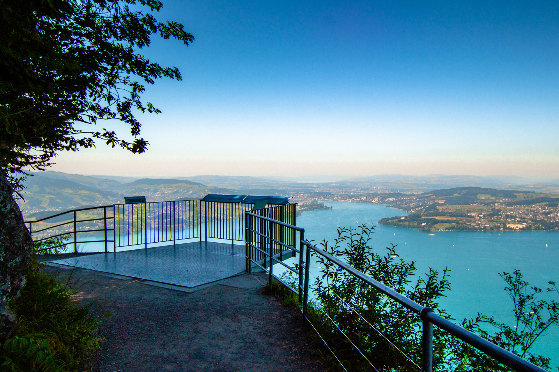 Viewing platform on the Bürgenstock with panoramic views over Lake Lucerne and the surrounding landscape