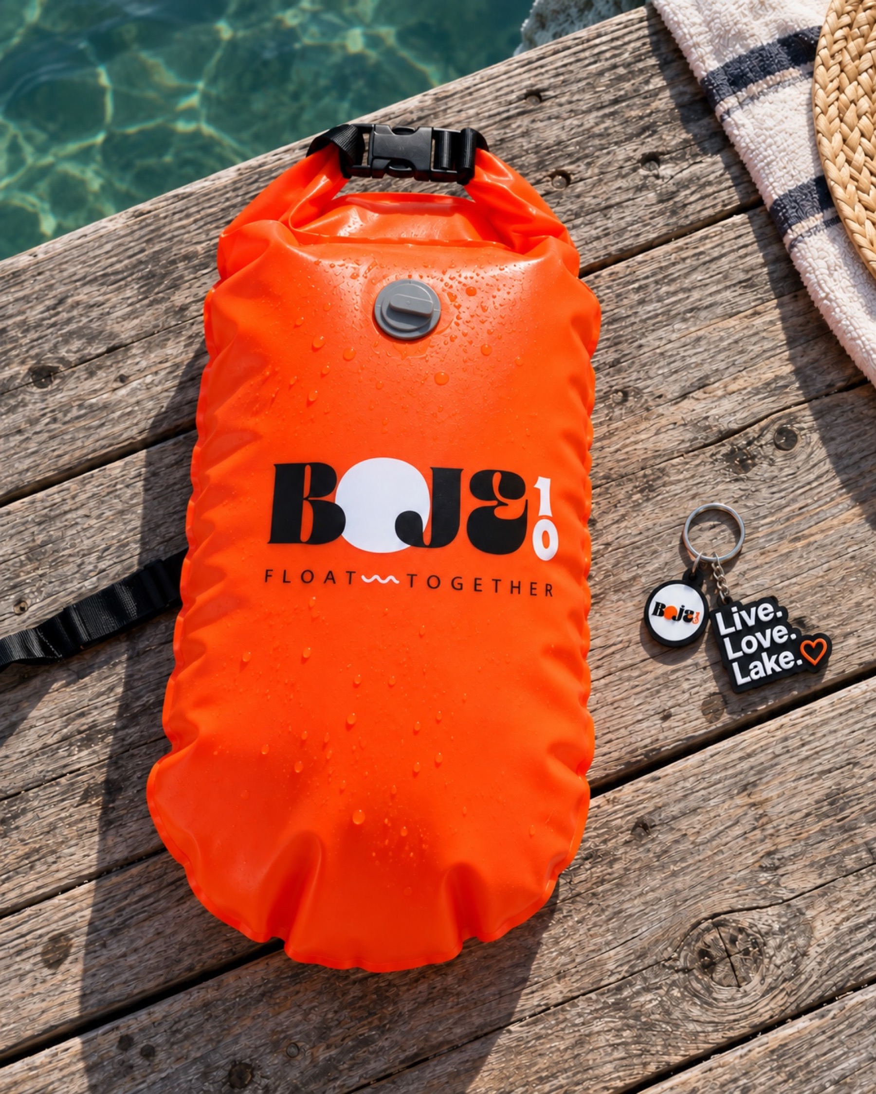 Orange Boje10 Schwimmboje Basic mit flachem grauem Ventil und Schlüsselanhänger am See
