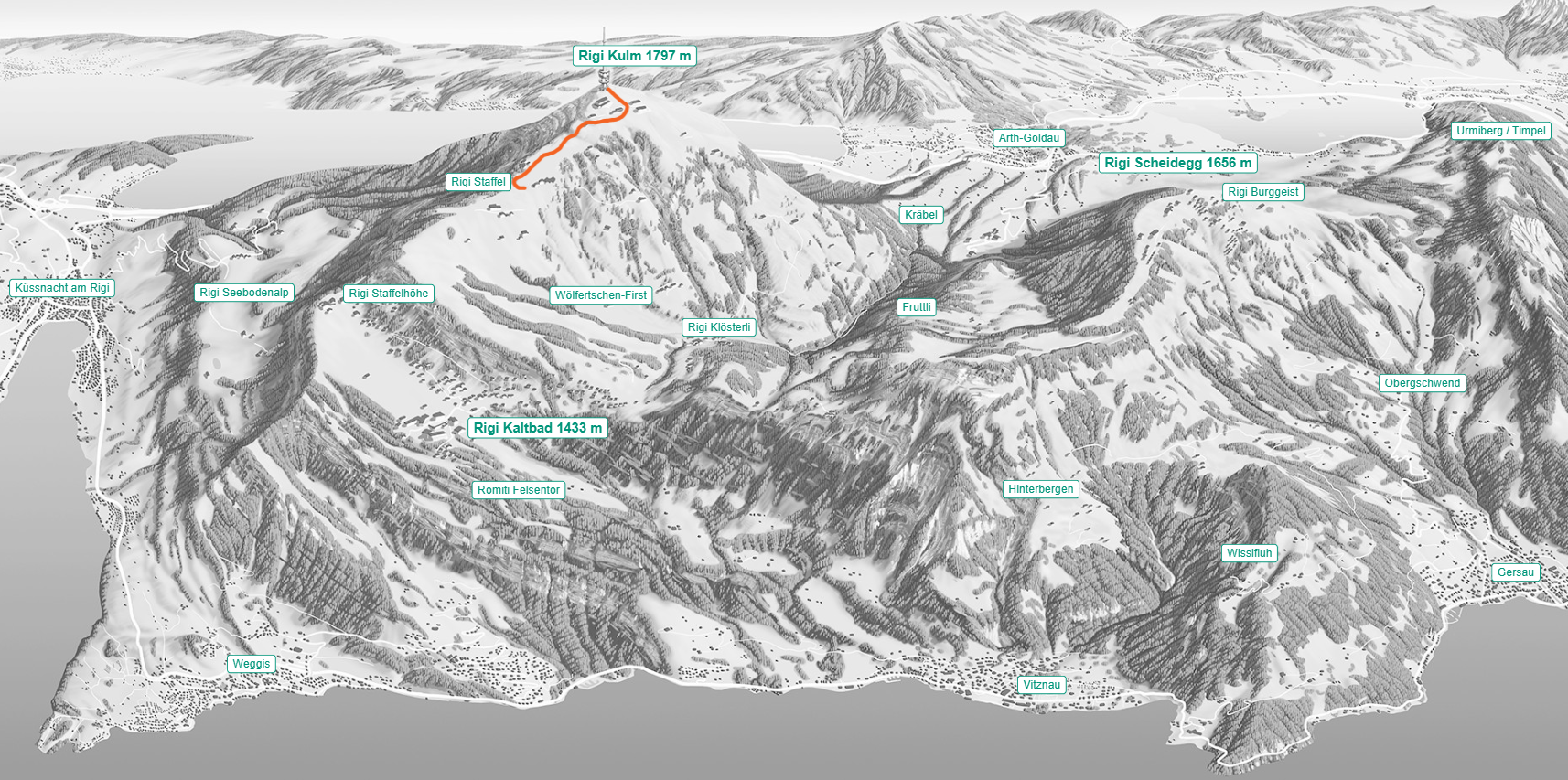 Wanderstrecke 360Grad Spatziergang Winter Rigi
