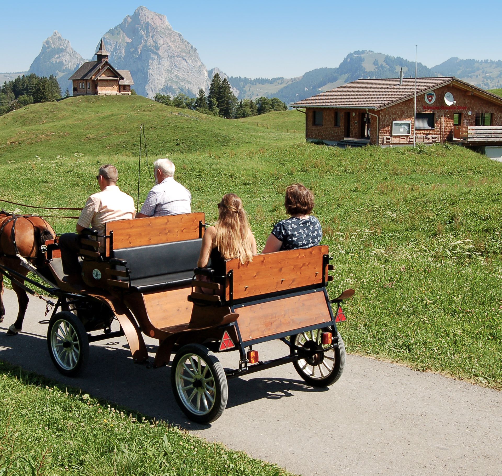 A group of four people rides in a horse-drawn carriage through green rolling hills, passing a chalet, with mountain peaks in the background.