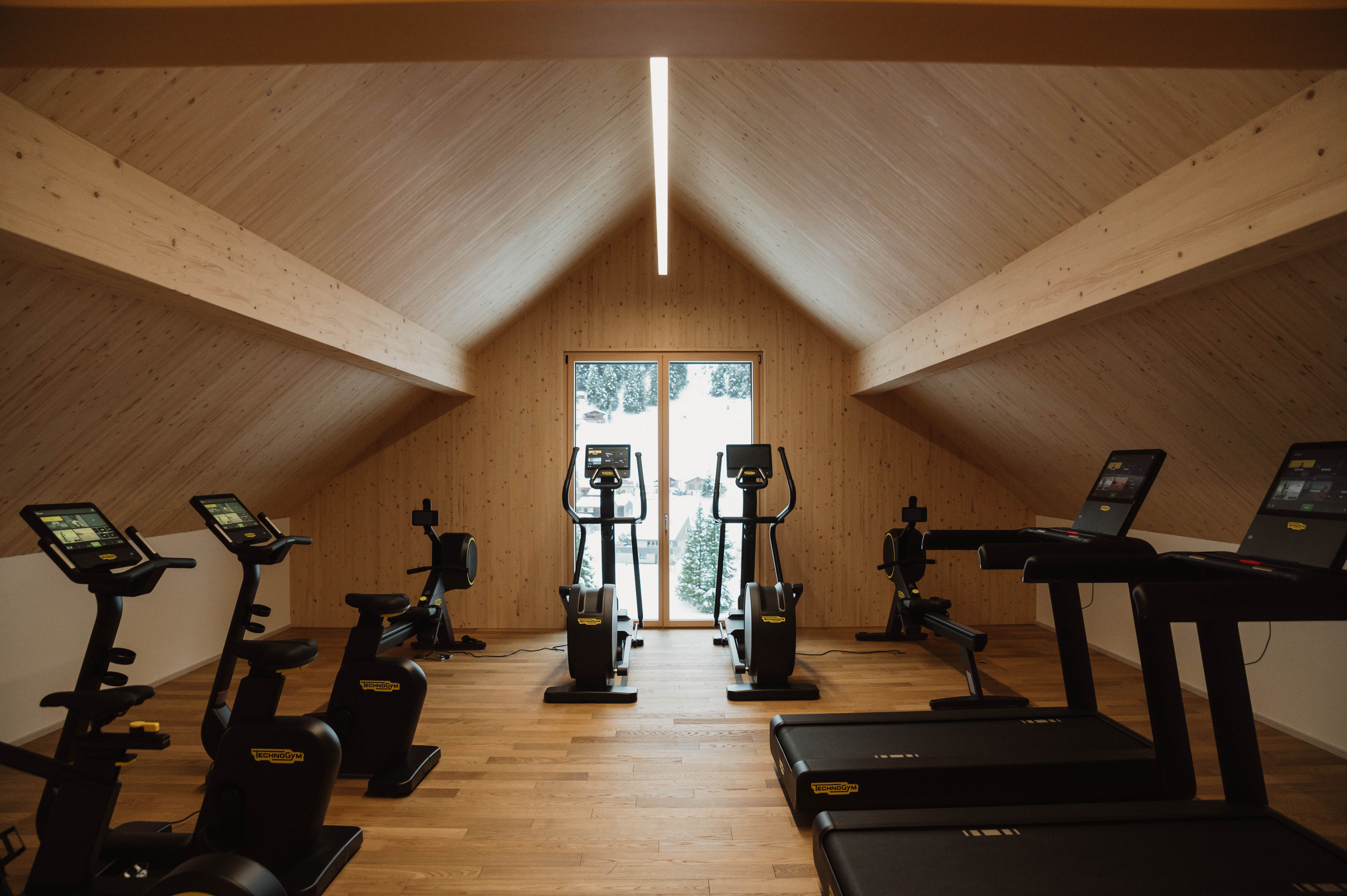 Moderner Fitnessraum mit Trainingsgeräten und Blick nach draussen.
