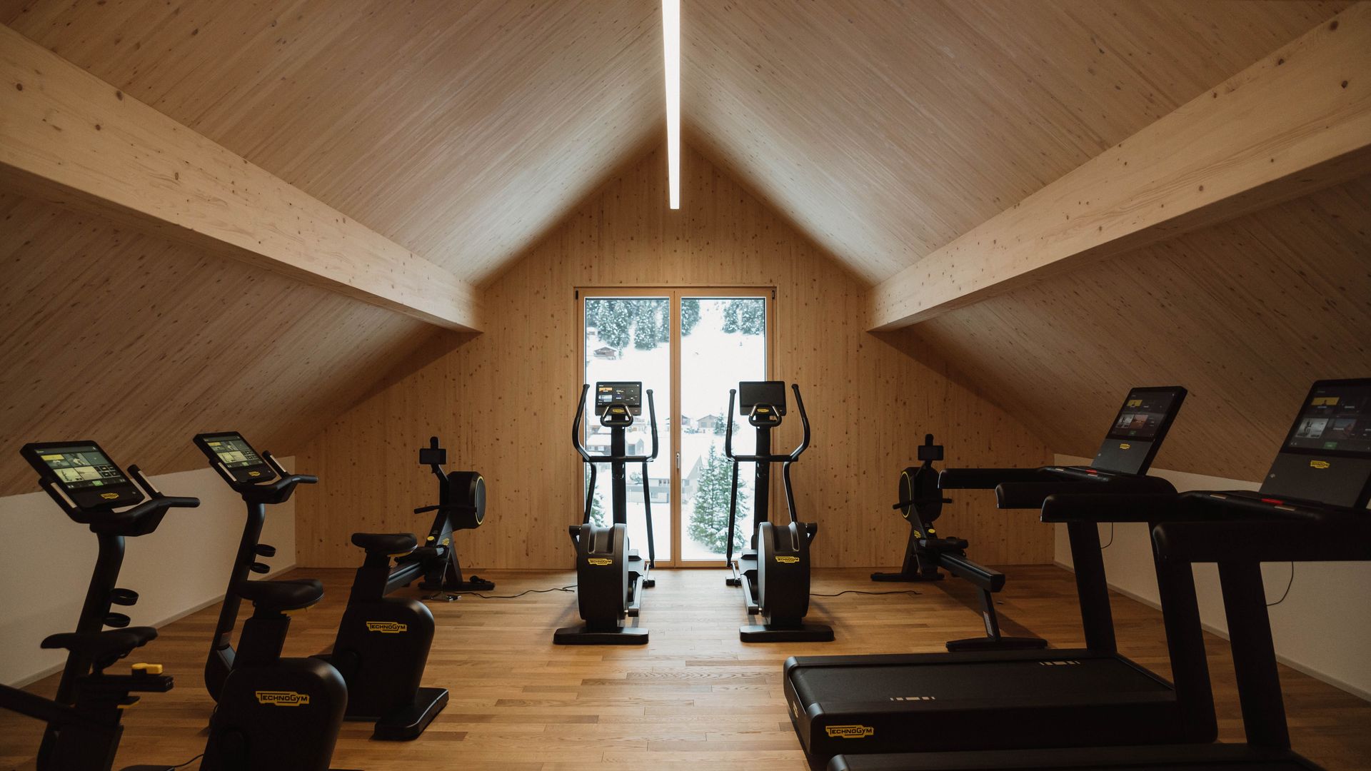 Moderner Fitnessraum mit Trainingsgeräten und Blick nach draussen.