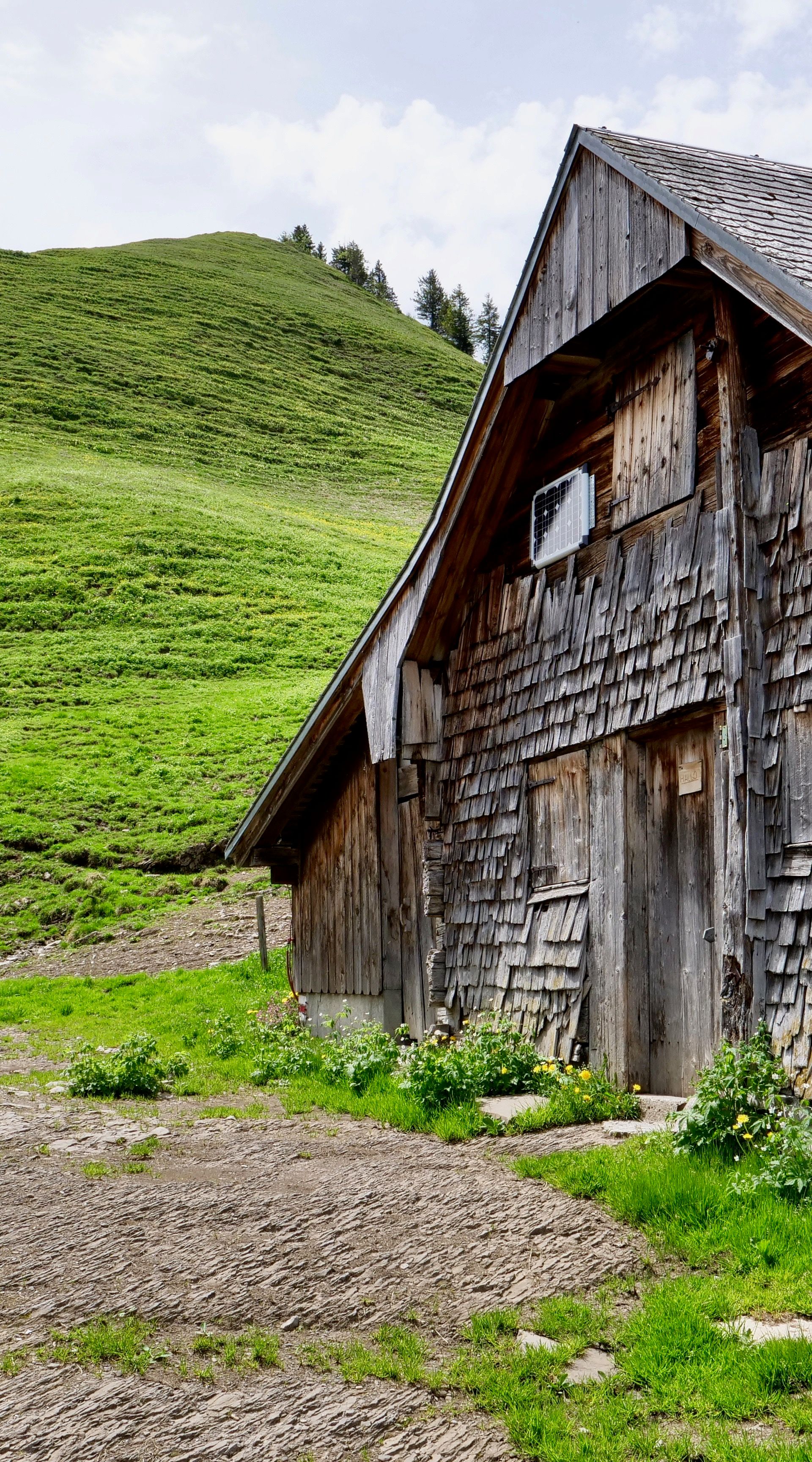 Alpine huts on a green mountain meadow with a path between the buildings and an alpine landscape.