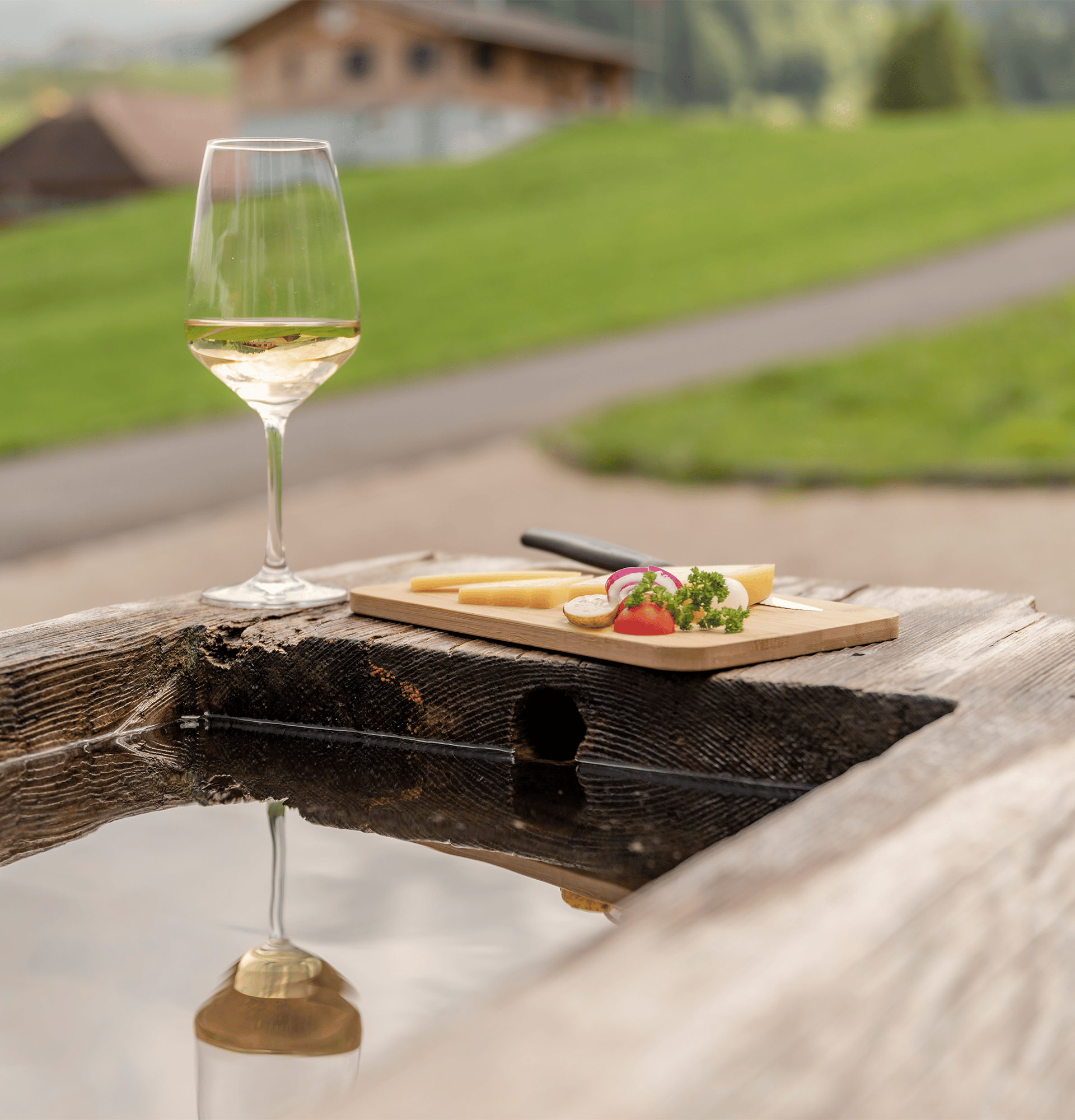 White wine and a cheese platter on a fountain with views of a mountain meadow and alpine landscape.