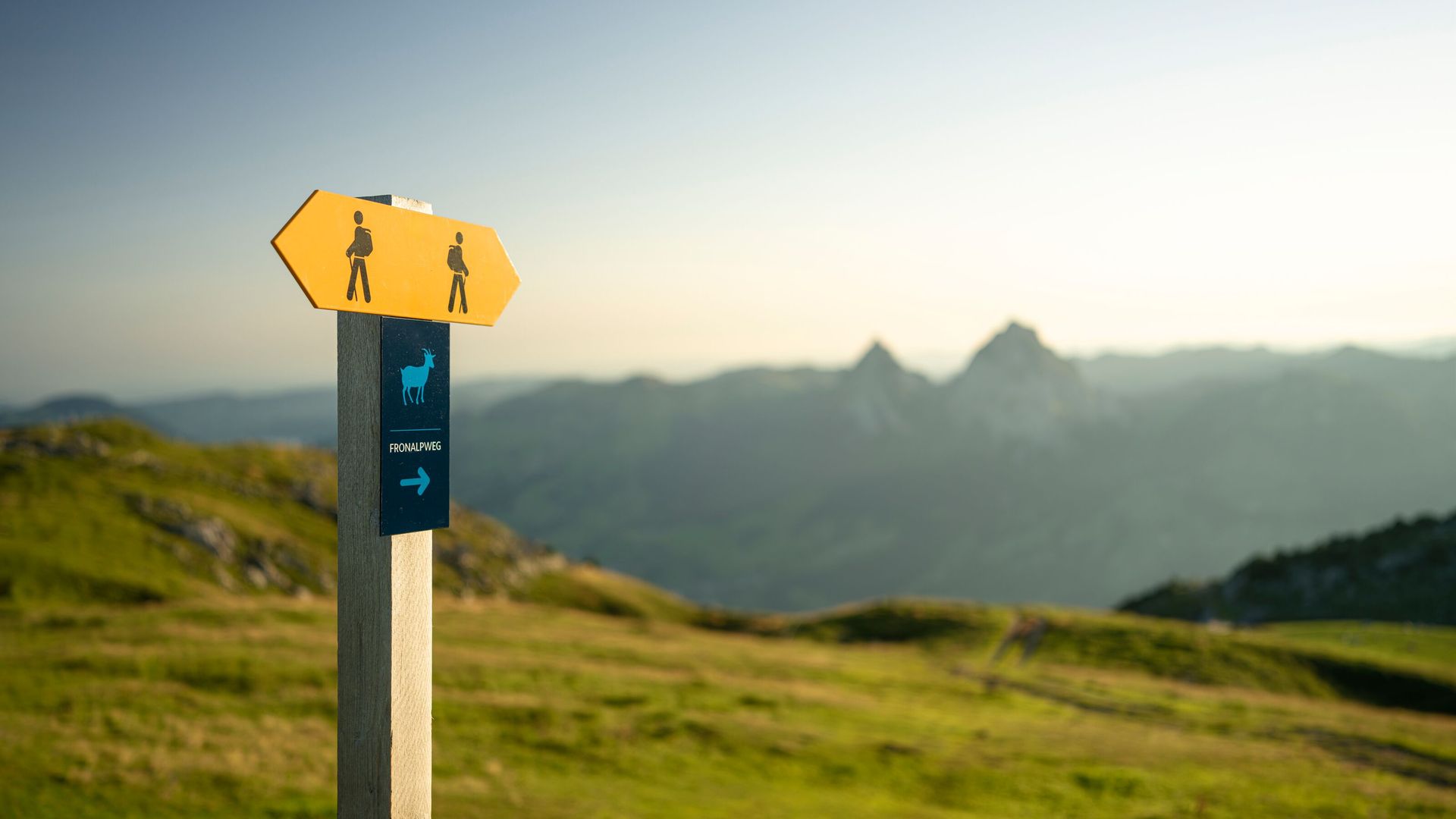 Signpost on a mountain meadow with views of the surrounding alpine landscape.